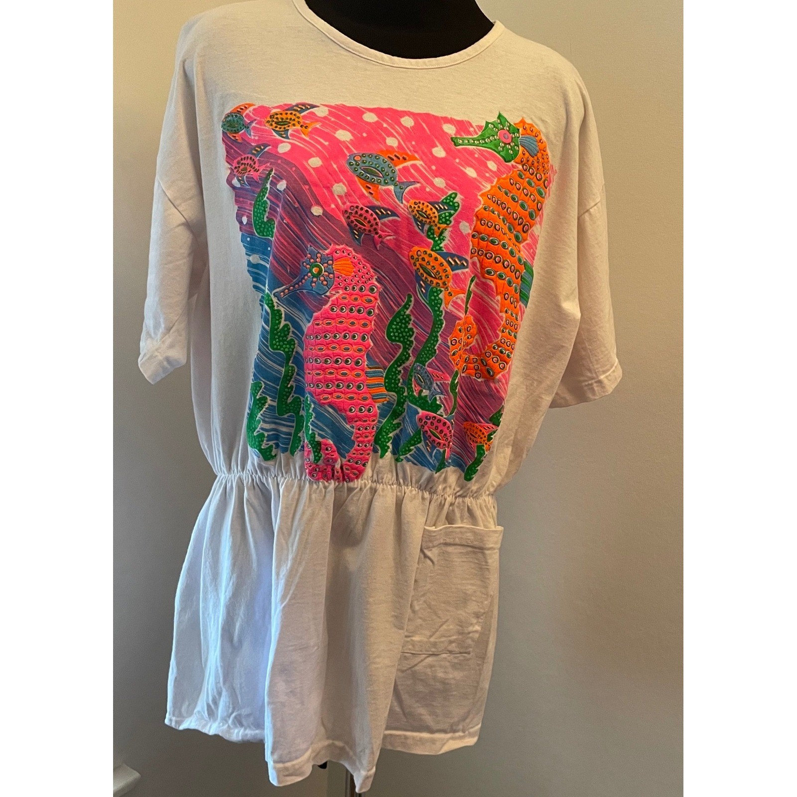 Vintage Look & Sea Seahorse Puff Print T-Shirt Dress Cover up Neon 80s OS USA