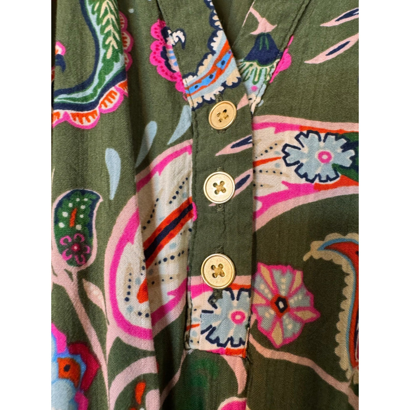 Olive Green Boho Prairie Maxi Dress Paisley Floral Cottagecore Peasant Small