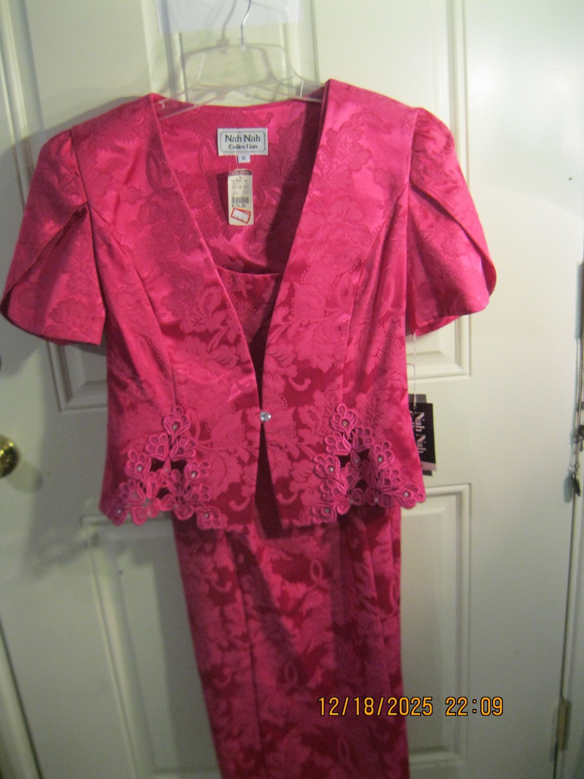 Vtg 80s Fuchsia Brocade Dress Suit Embroidered Rhinestones Retro Sz 12-NWT