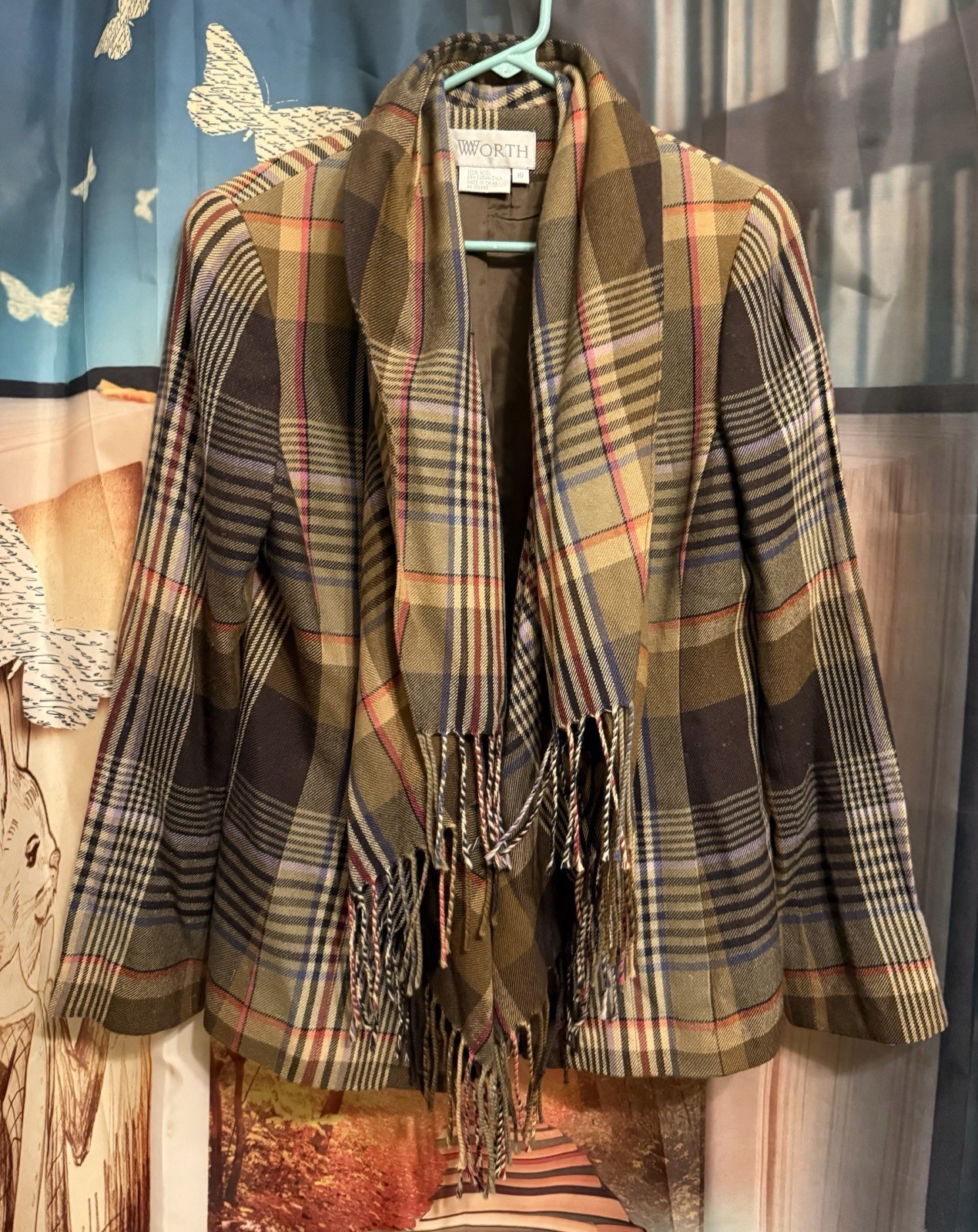 Worth Plaid Fringe Blazer Jacket 100% Wool Size 10 Pre-owned Good Condition