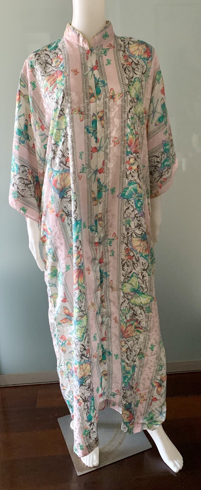 Vintage 70s Ruth Norman Pink Caftan Butterfly Dragonfly Loungewear L/ XL