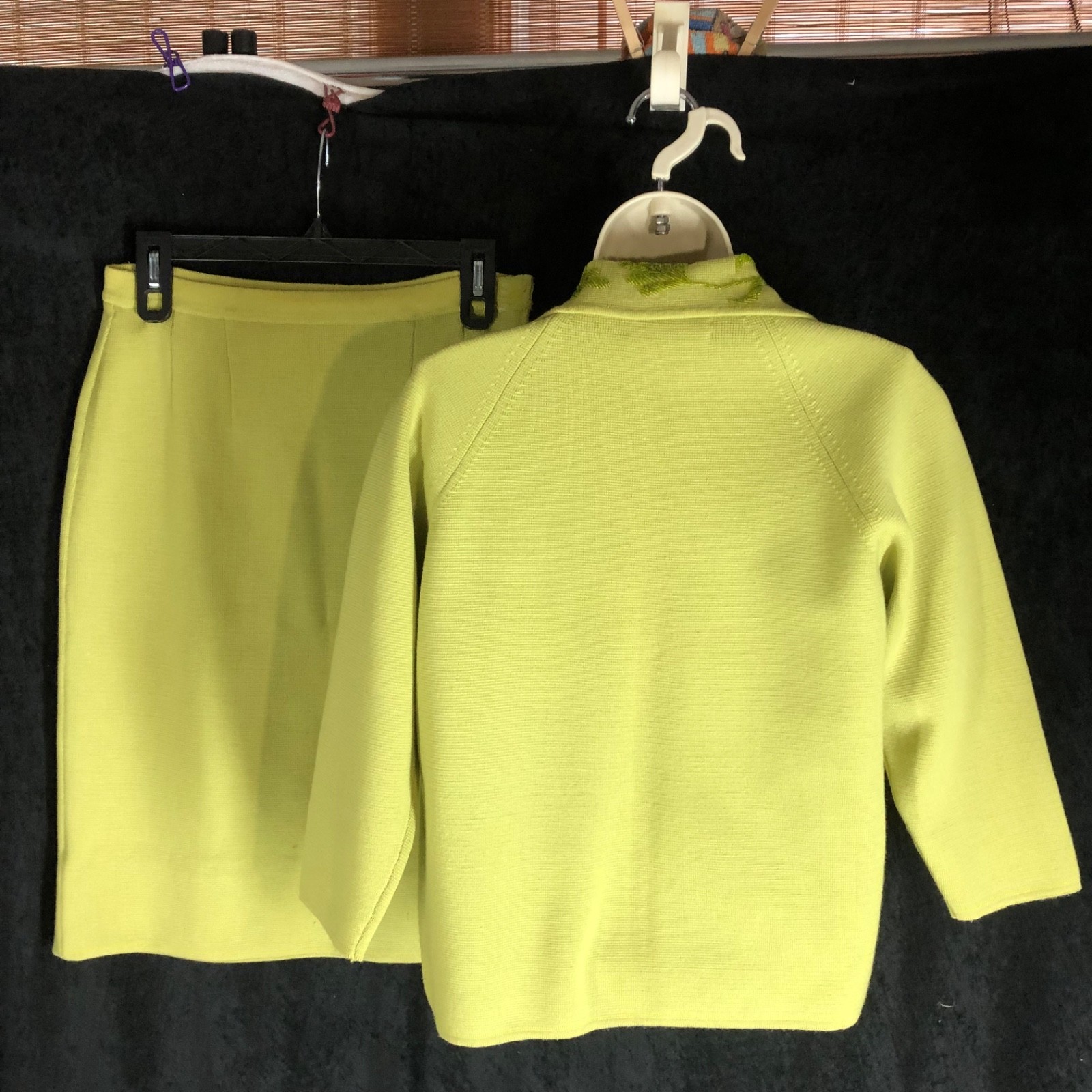 Vintage 1960s Liebes Wool Knit Sweater Skirt 3 pc Set sz 8 Beaded Hong Kong