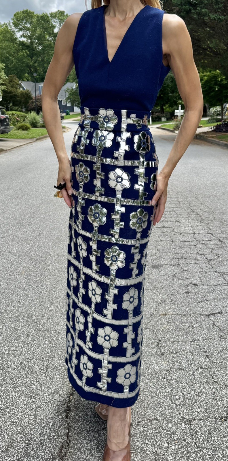 Vtg 60s Eleanor Brenner Couture Silver Mirror Space Age Maxi Dress Hostess S M