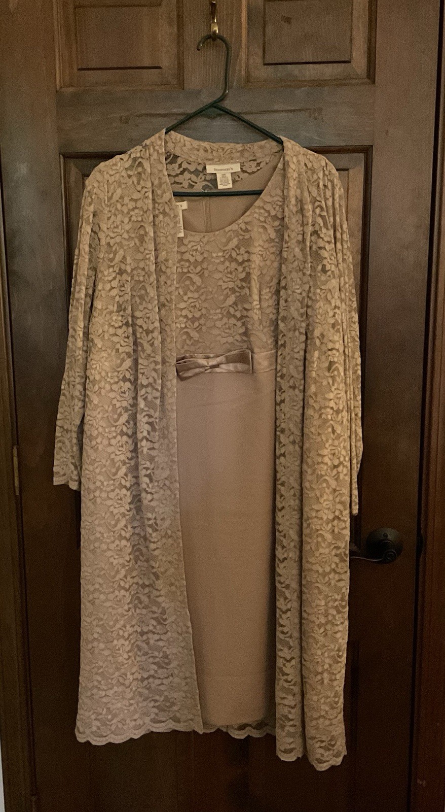 Vintage Roaman’s Lined Shift Dress & Lace Coat 2 PC Set, Beige, Size 18