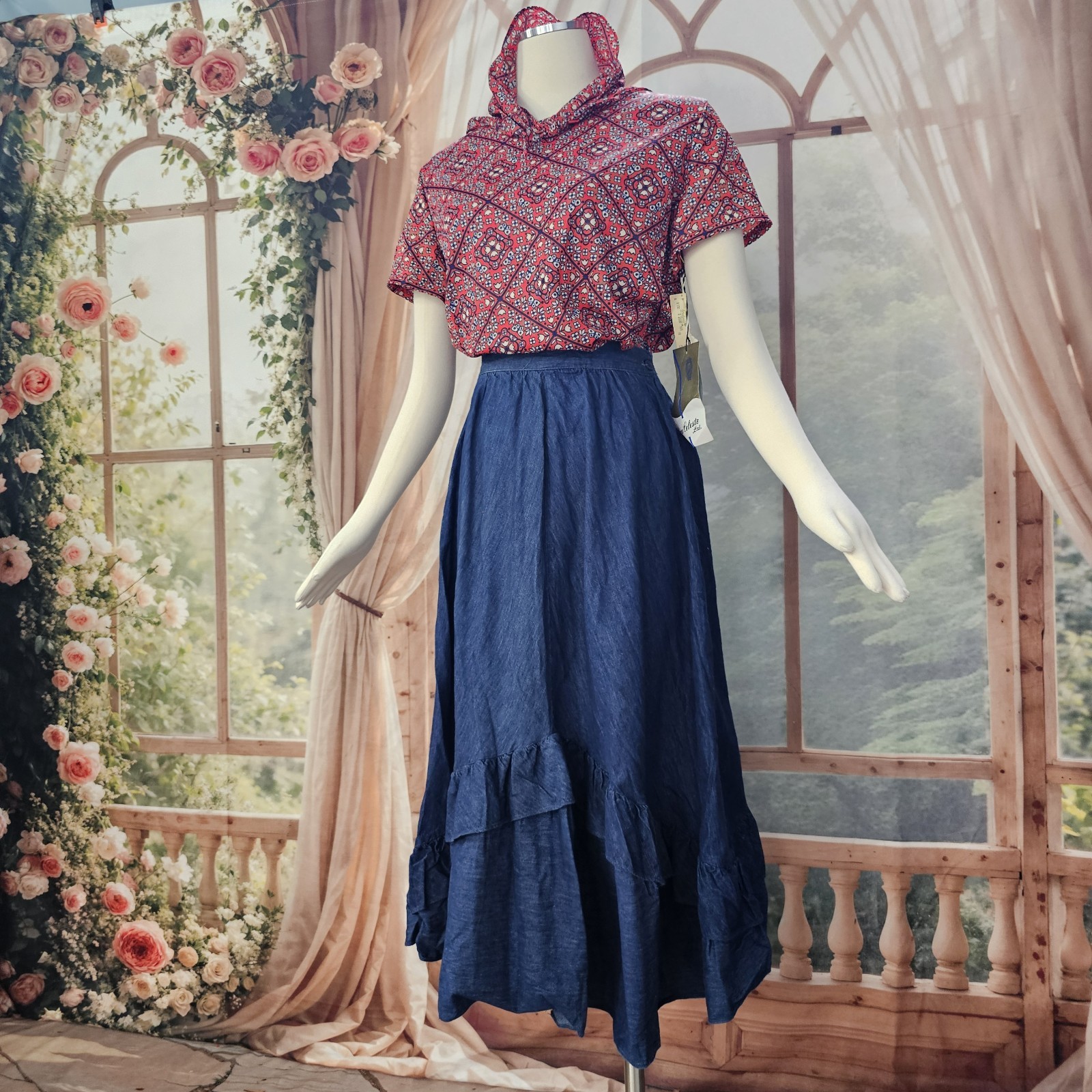 Vintage 1970s Skirt Denim Blue Jean Ruffle Flowy Midi Length Retro Chequers