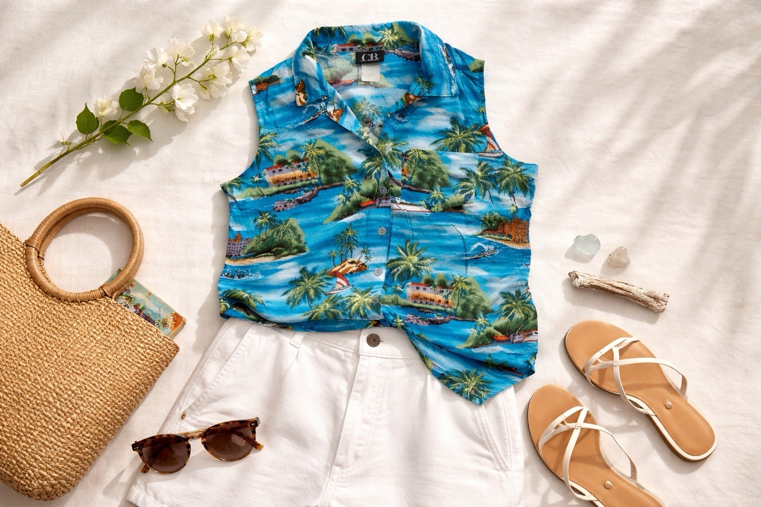 VTG Tropical Hawaiian Island Scenic Print Resort Button Down Sleeveless Shirt XL
