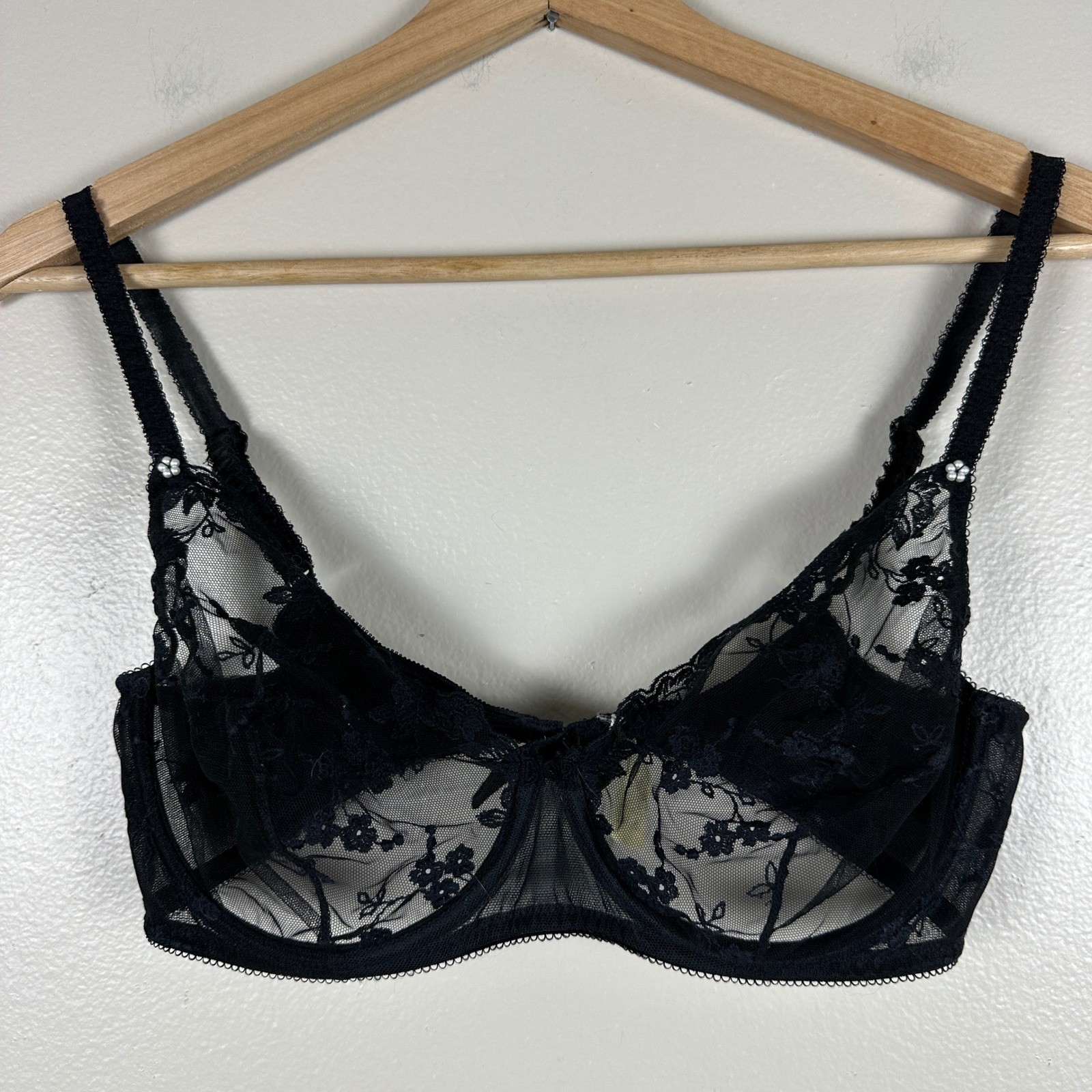 Christian Dior Women’s 34B Bra Black Vintage Floral Lace Sheer Underwire