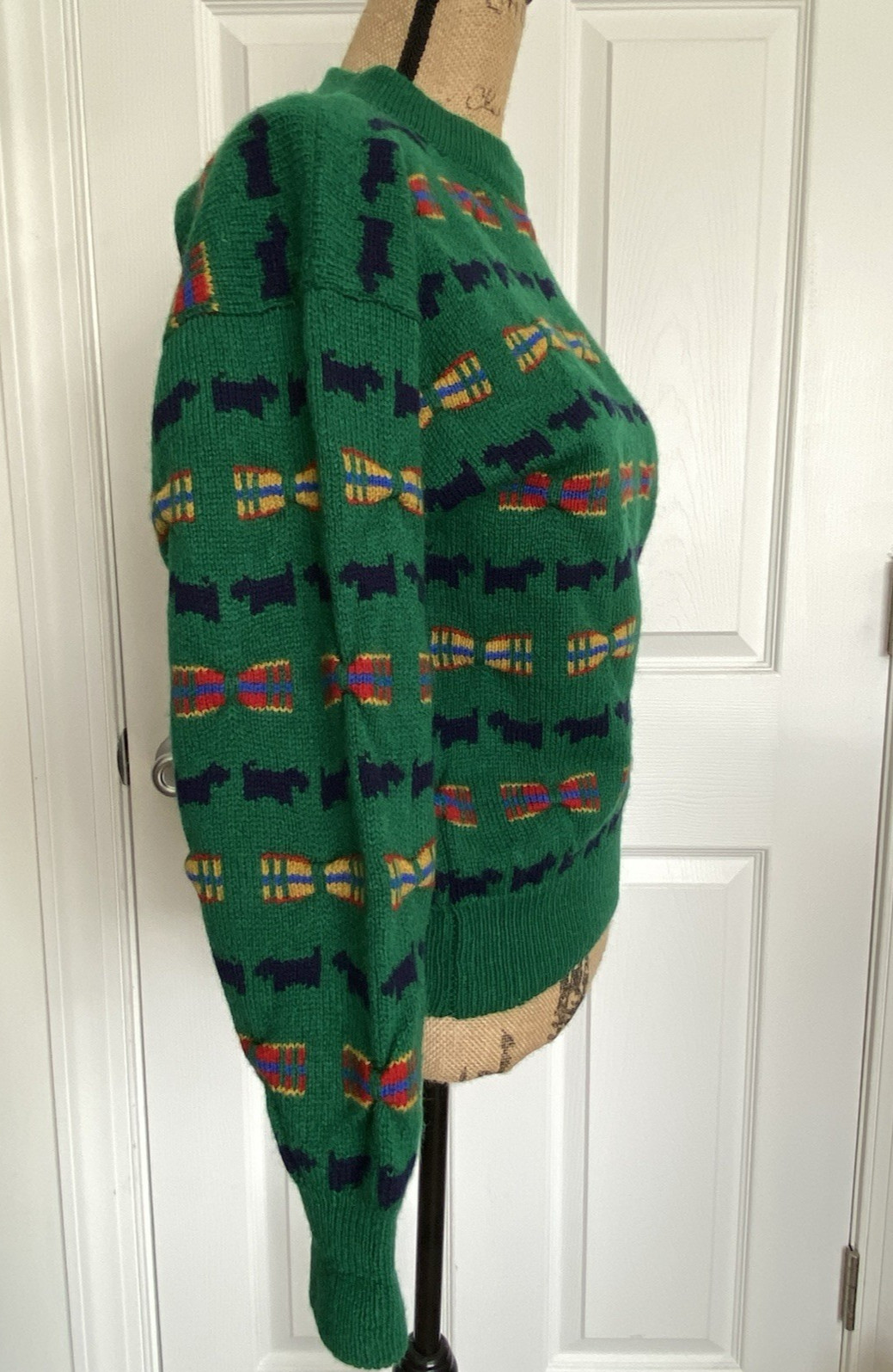 VTG 80s Scottie Dog Sweater MED Shetland Wool The Scotch House Green Plaid Bows