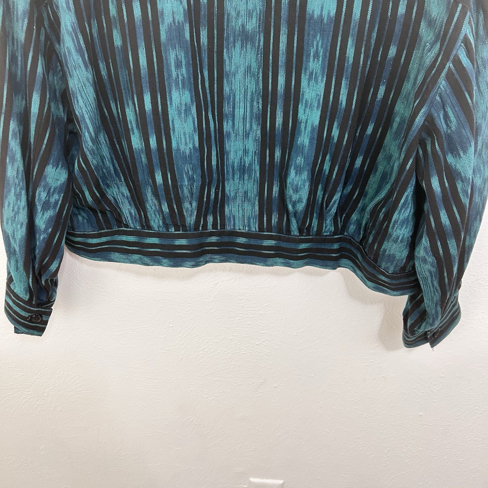 Vintage 80s Teal Blue Striped Cropped Jacket Size XL Colorful Western Southwest