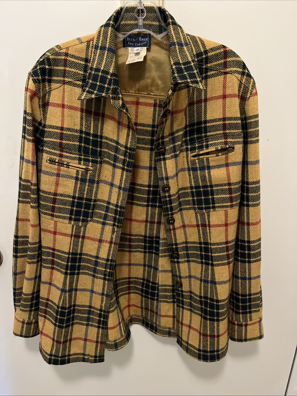 VINTAGE Les Copains Blue Eagle Yellow Plaid Jacket Italy Sz 42 Wool Blend Grunge