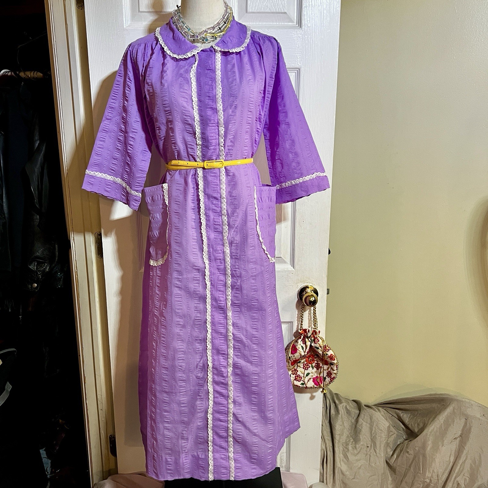 Vintage Wms Lavender Lace Trim Crepe Knit Grannycore Retro Preppy House Dress L
