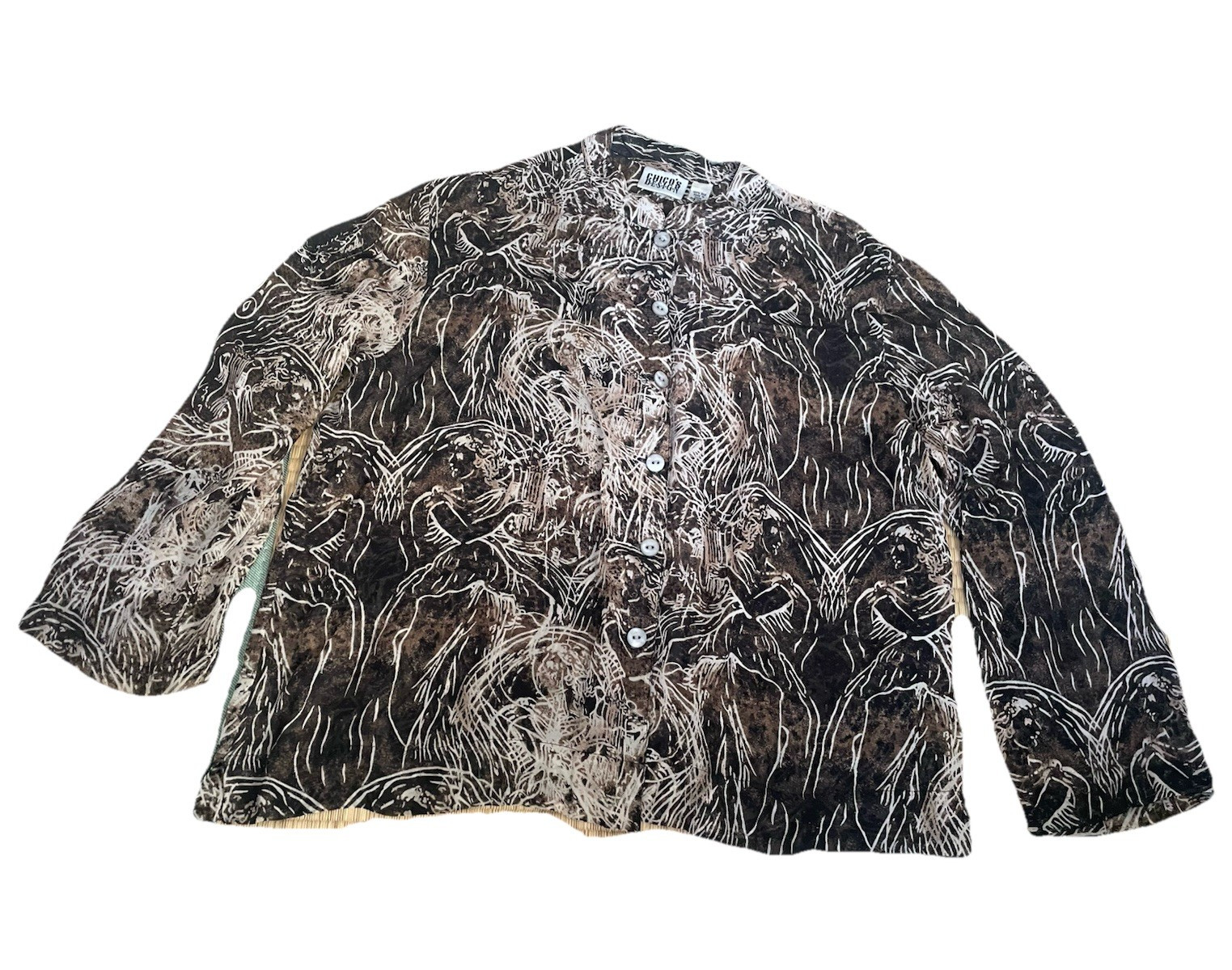 VTG Chico’s Design 100% Silk Abstract Button Front Mandarin Collar Blouse Size 3