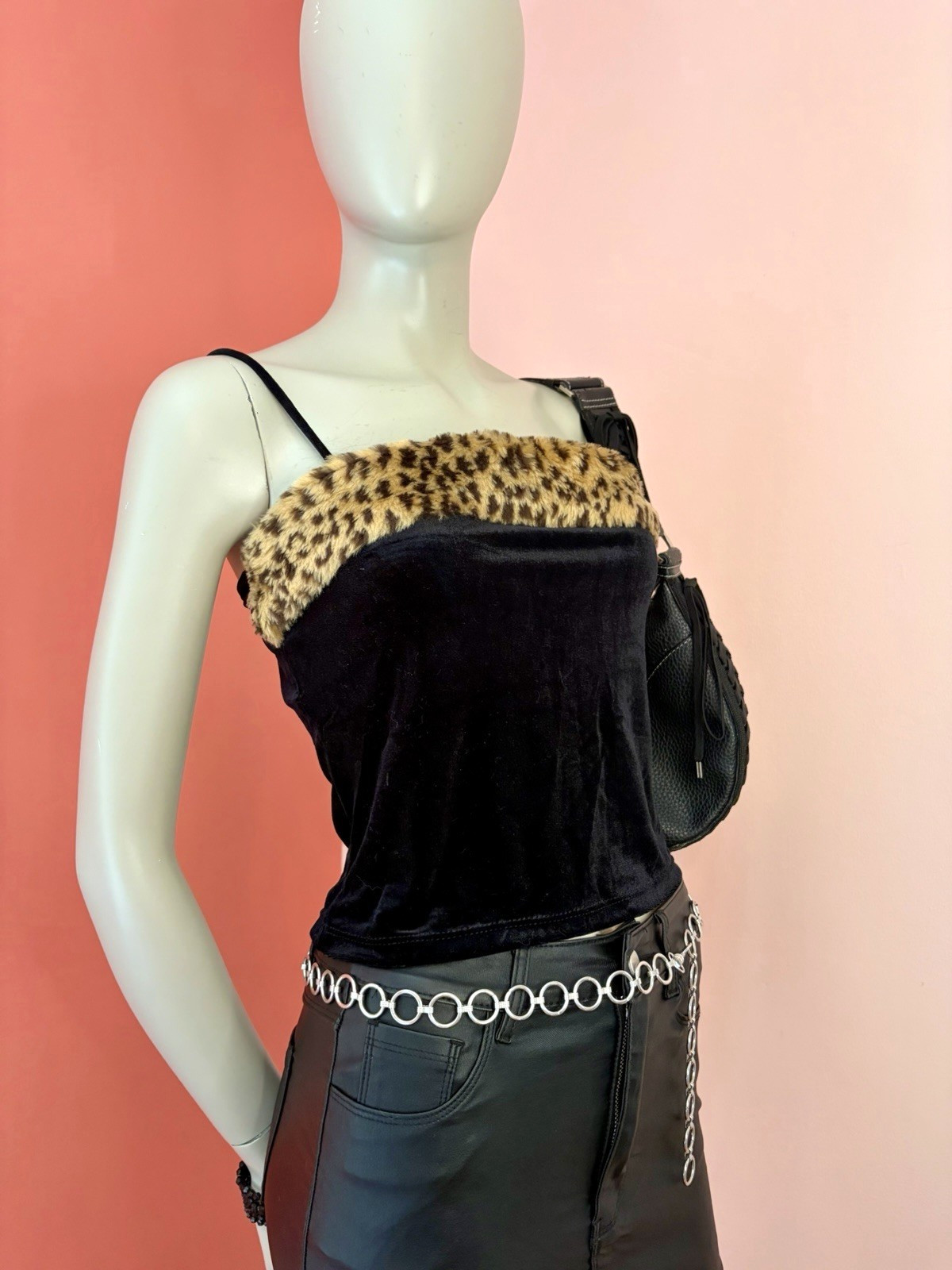 VTG 90s Y2K Velvet Leopard Faux Fur Trim Camisole club top Mob wife Black L