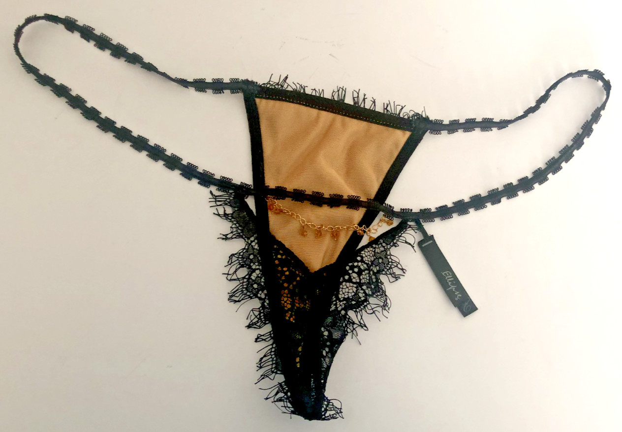New Vtg ECLIPSE L Black Lace THONG PANTY Gold Faceted Bead Chain Beige Lined