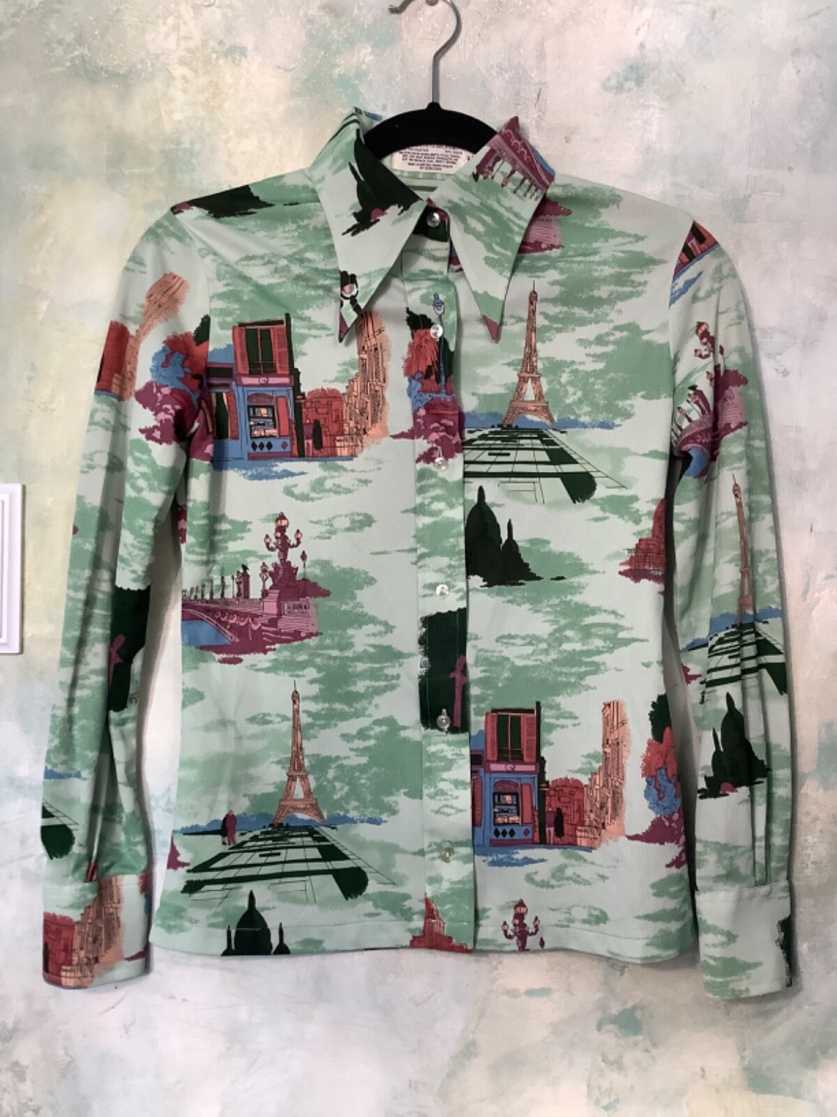 Vintage 70’s Women’s Poly Disco Green France Print Shirt by Loubella