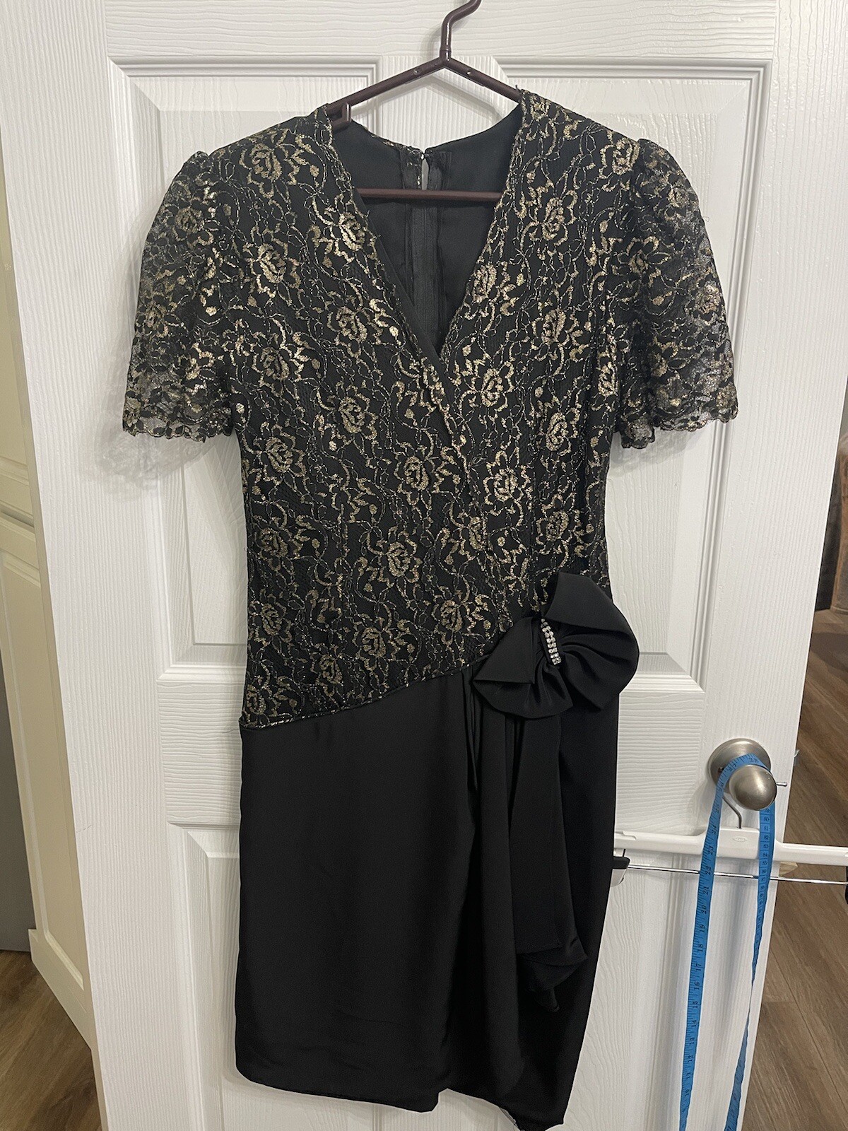Vintage Maximalist Black Gold Lace Formal Party Dress 80s Prom Medium 8-10 Goth