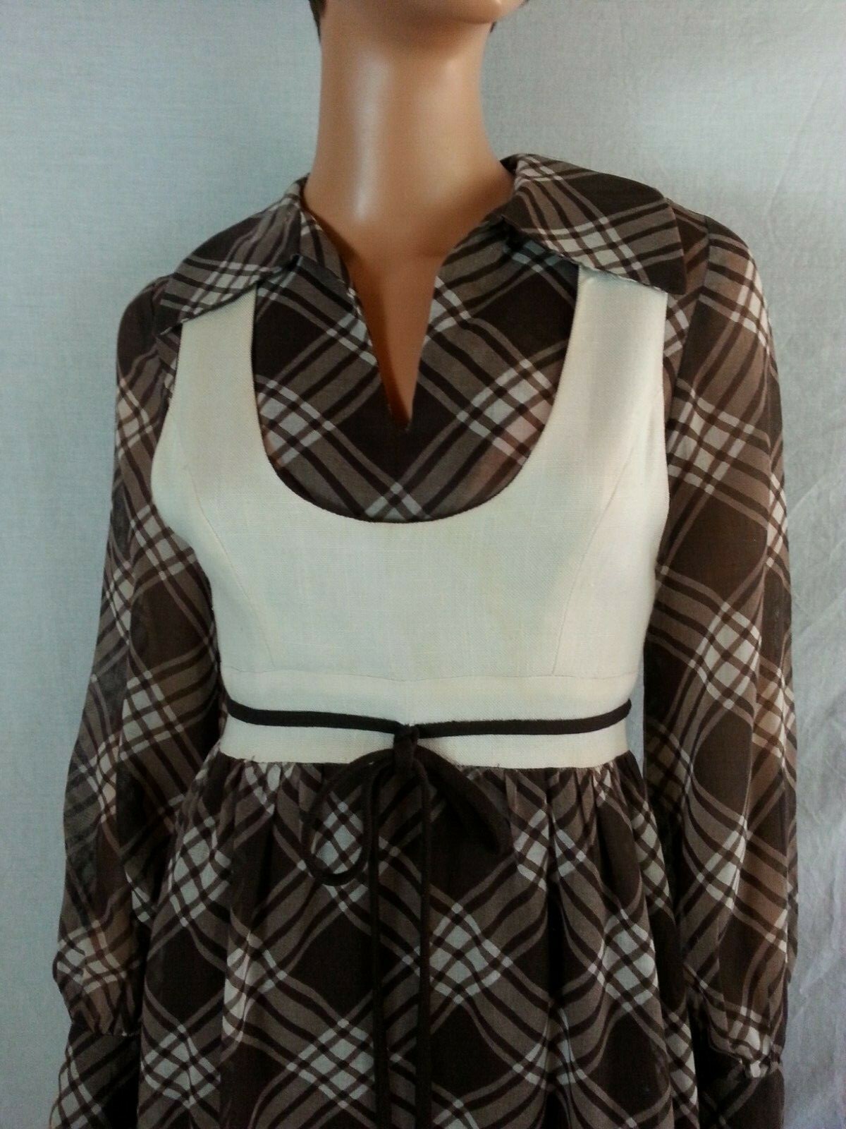 Vtg 70s Pedestal Maxi Long Dress Brown Cream Checks Long Sheer Sleeve Hippy P/XS