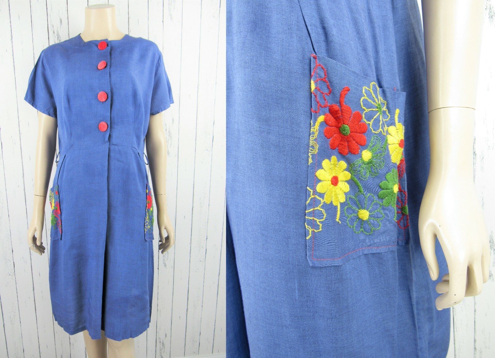 Vintage 40s 50s Blue Chambray Day Dress Red Buttons Embroidered Pockets M/L