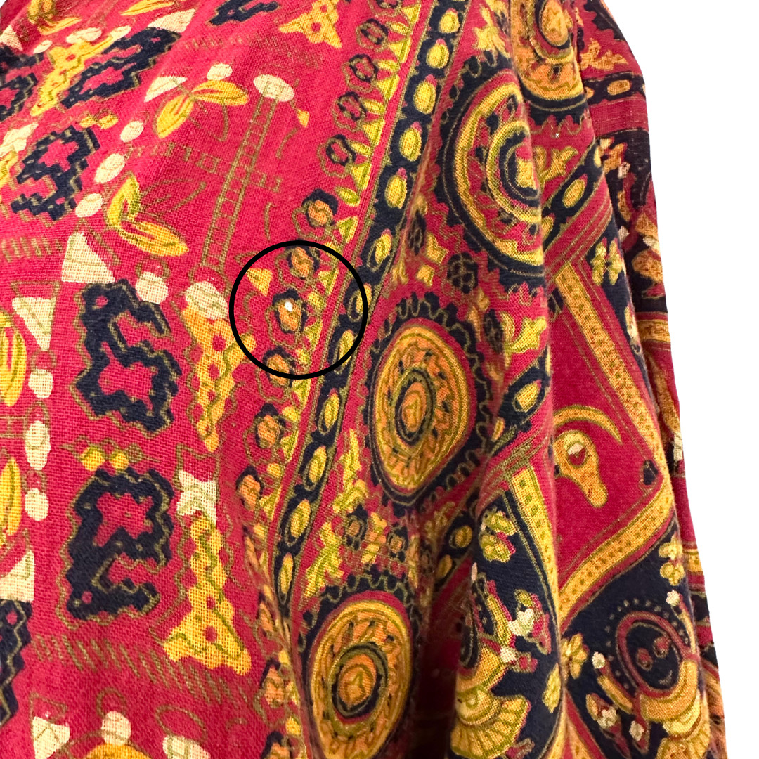 Vintage 1970s Hooded Block Print Wide Sleeve Red Bohemian Tunic Dress