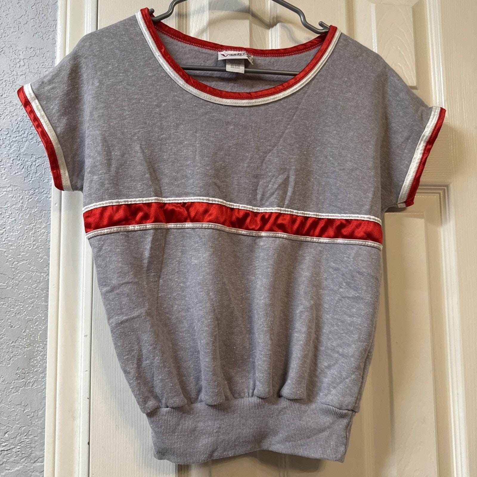 VTG Variety Gray Red Satin Trim Colorblock Retro Short Sleeve Top M