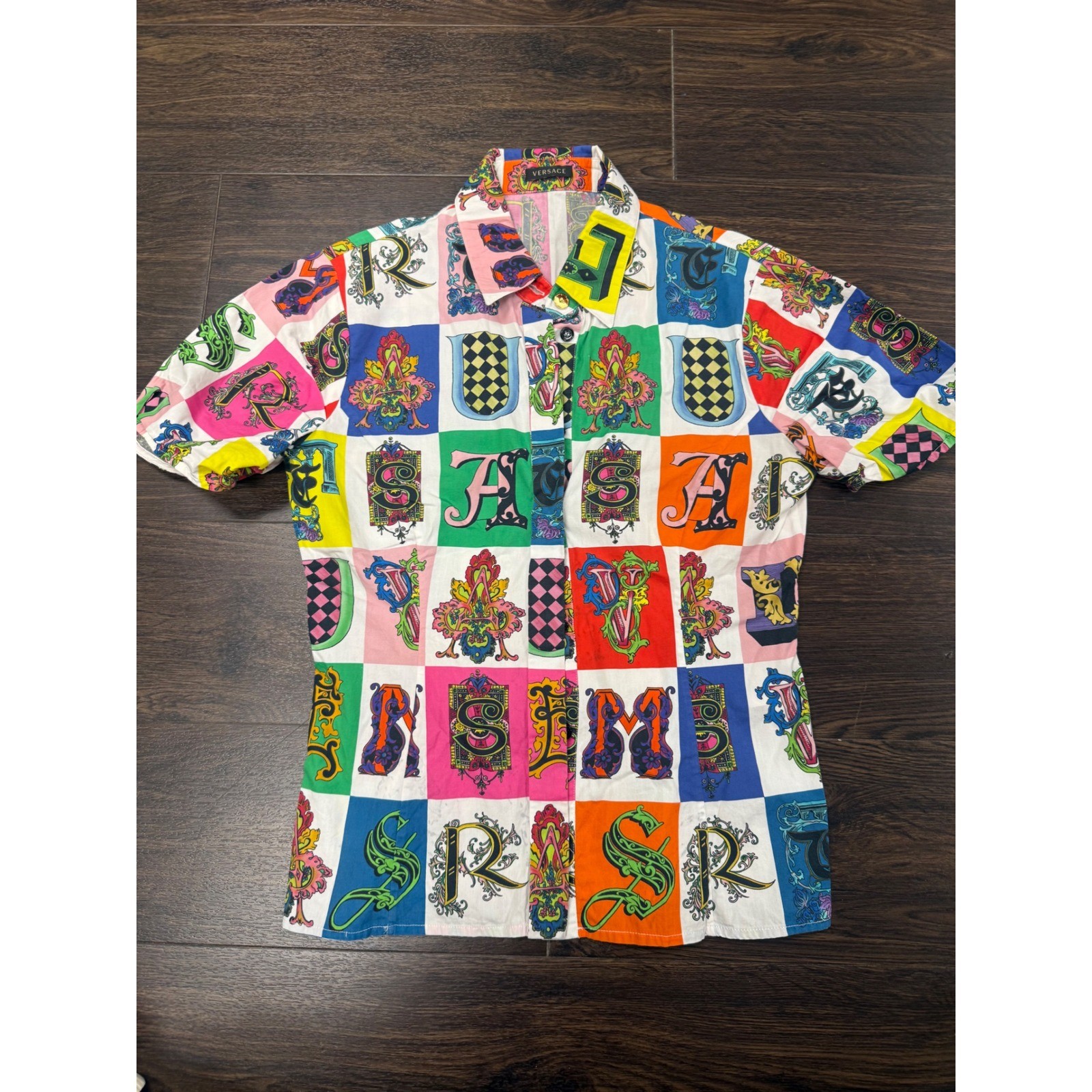 Authentic Versace Alphabet Print Cotton Short Sleeve Button Down Shirt 38 Small