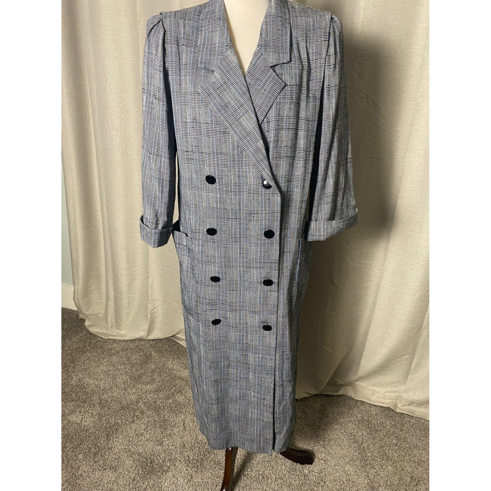 Vintage Leslie Fay Plaid Duster Coat Womens 14 Grey Blue Double Breasted 80s 90s