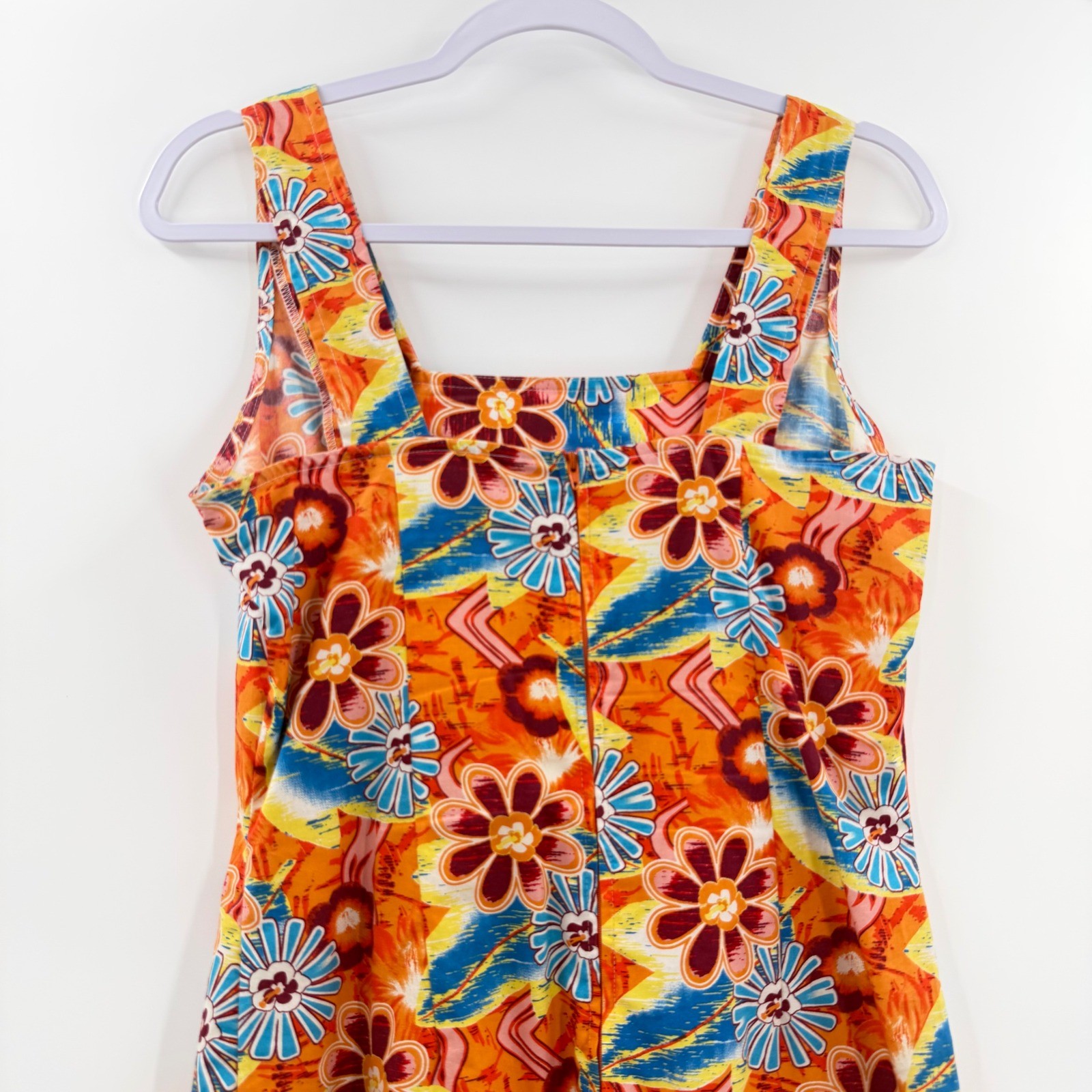 Sideout Vintage Y2K Floral Mini Dress Orange Cotton Tropical Sleeveless Size 7