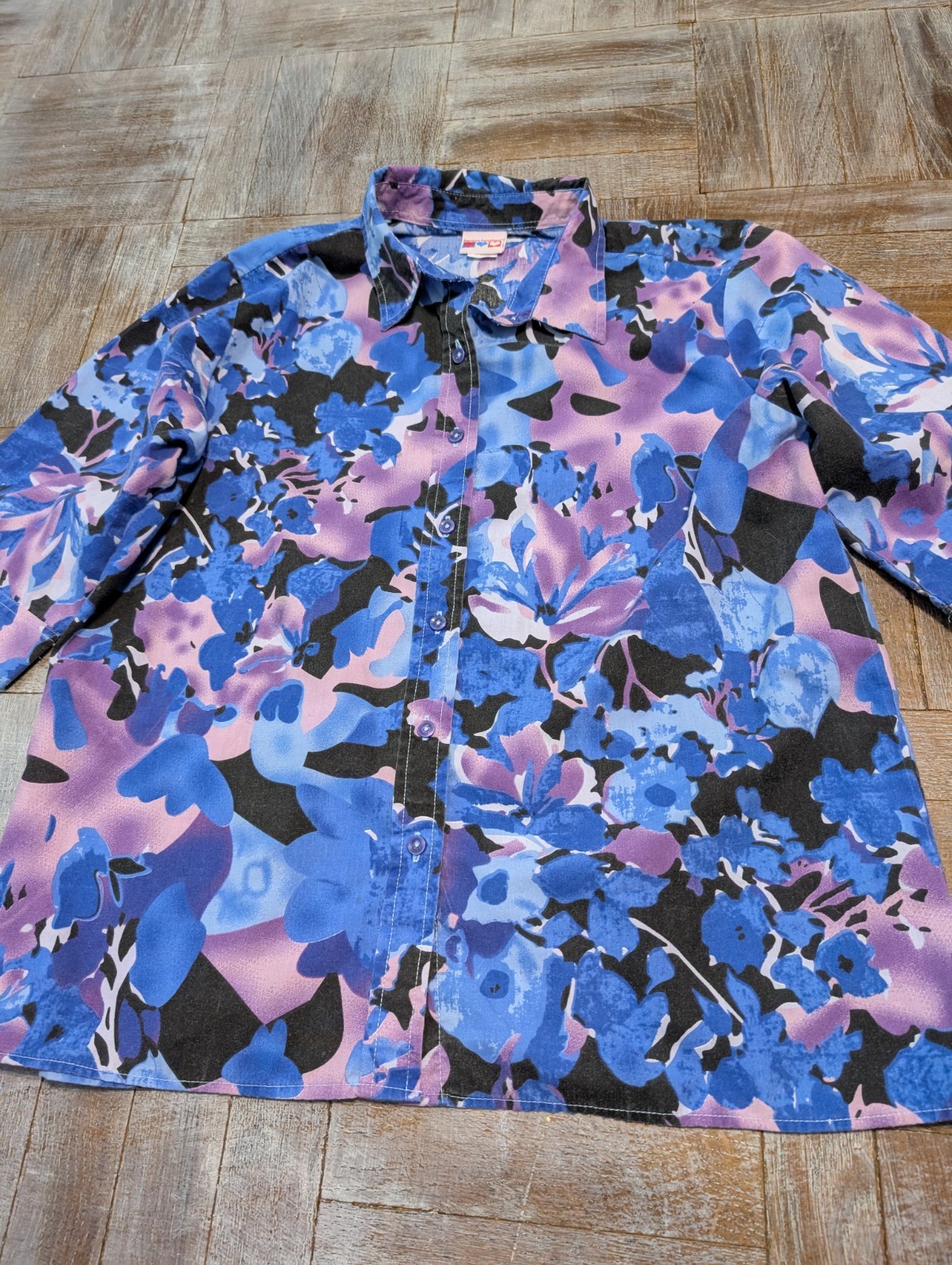 Vintage 90s American Sweetheart Floral Button Shirt L Purple Blue Black Womens