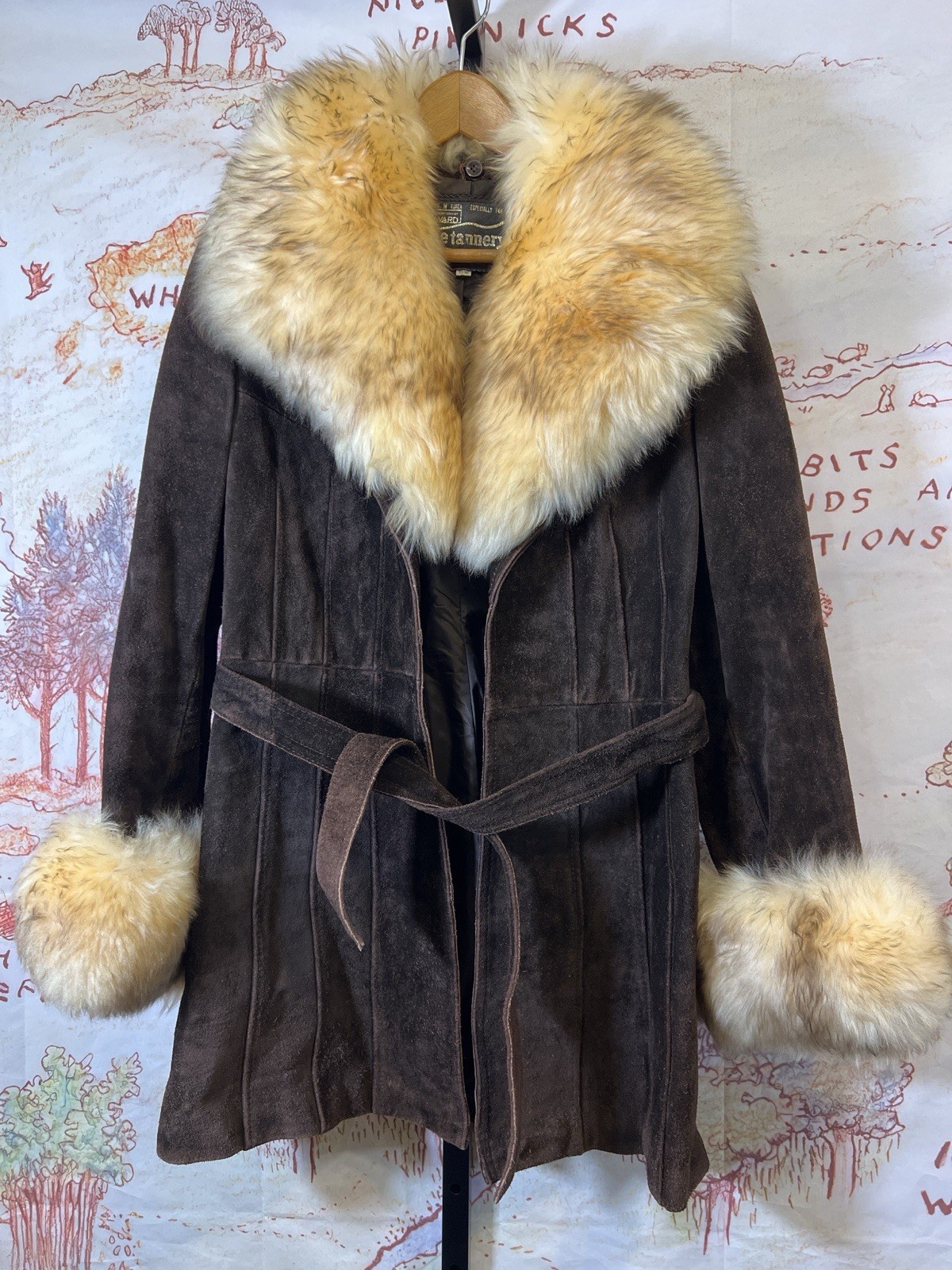 Vintage Wards The Tannery Leather Coat Fur Collar Belted Brown 15/16