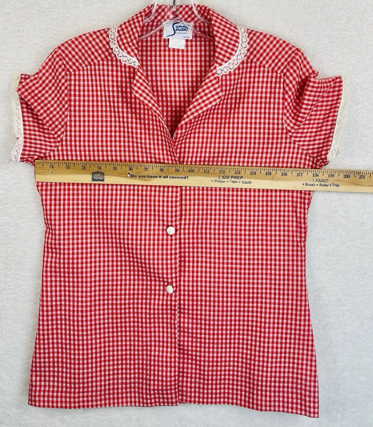 Vintage Sunny South Fashion Red Wht Gingham w Lace Sz 6 Blouse Classic Feminine
