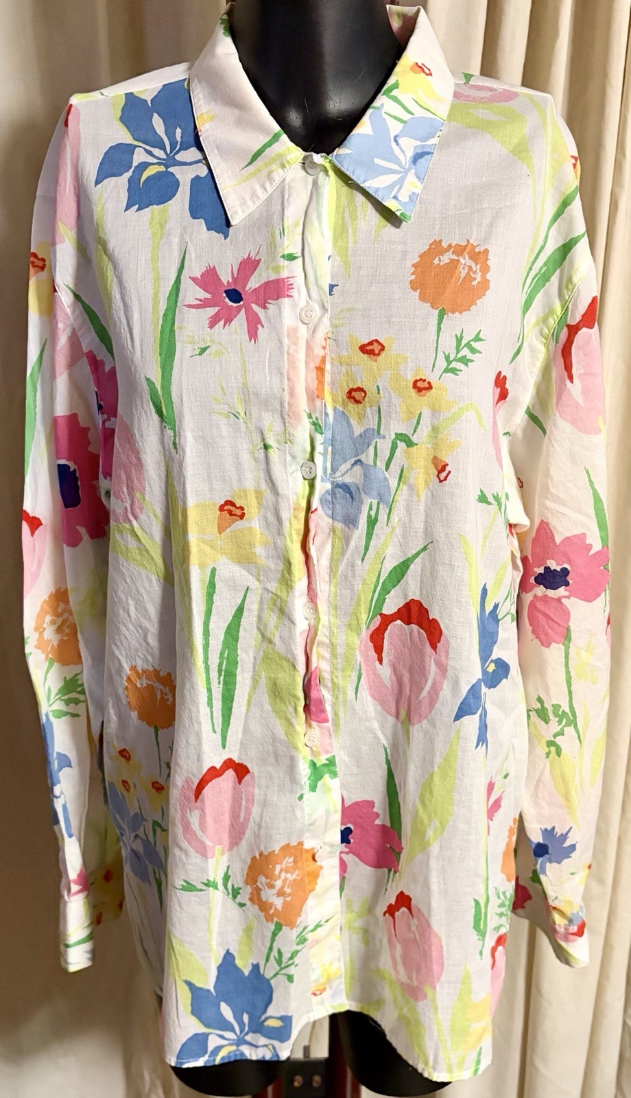 Women’s Size Large Liz Claiborne White Flowered Long Sleeve Blouse – Vintage
