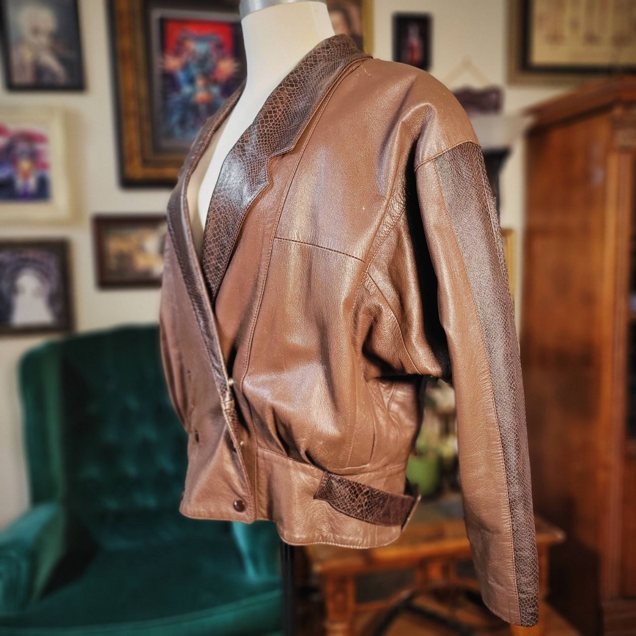 Lora Brown Leather Jacket Vintage 80s Snakeskin Print Trim Batwing Cropped 8