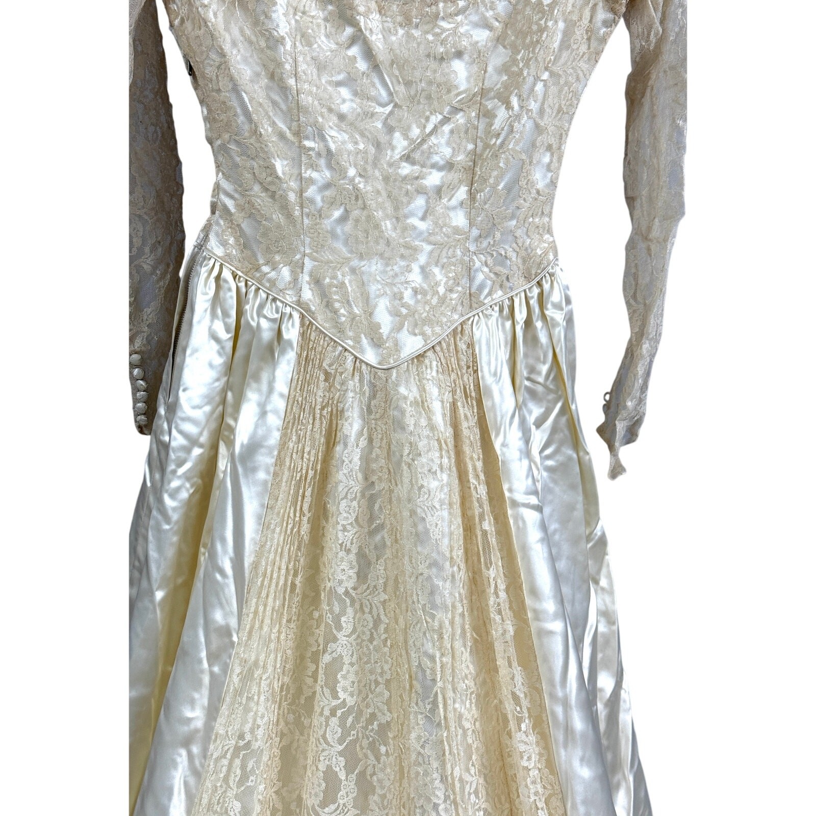 VTG 40s Hess Ivory Skinner Satin Wedding Gown Lace Illusion Yoke Train XS