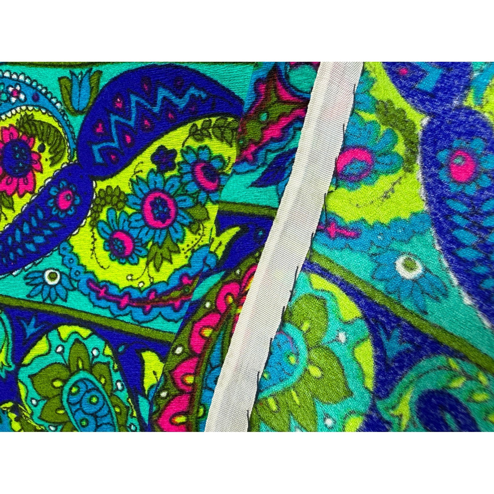 Vintage 60s Psychedelic Paisley Maxi Kaftan Dress Size S Blue Green Pom Pom Trim