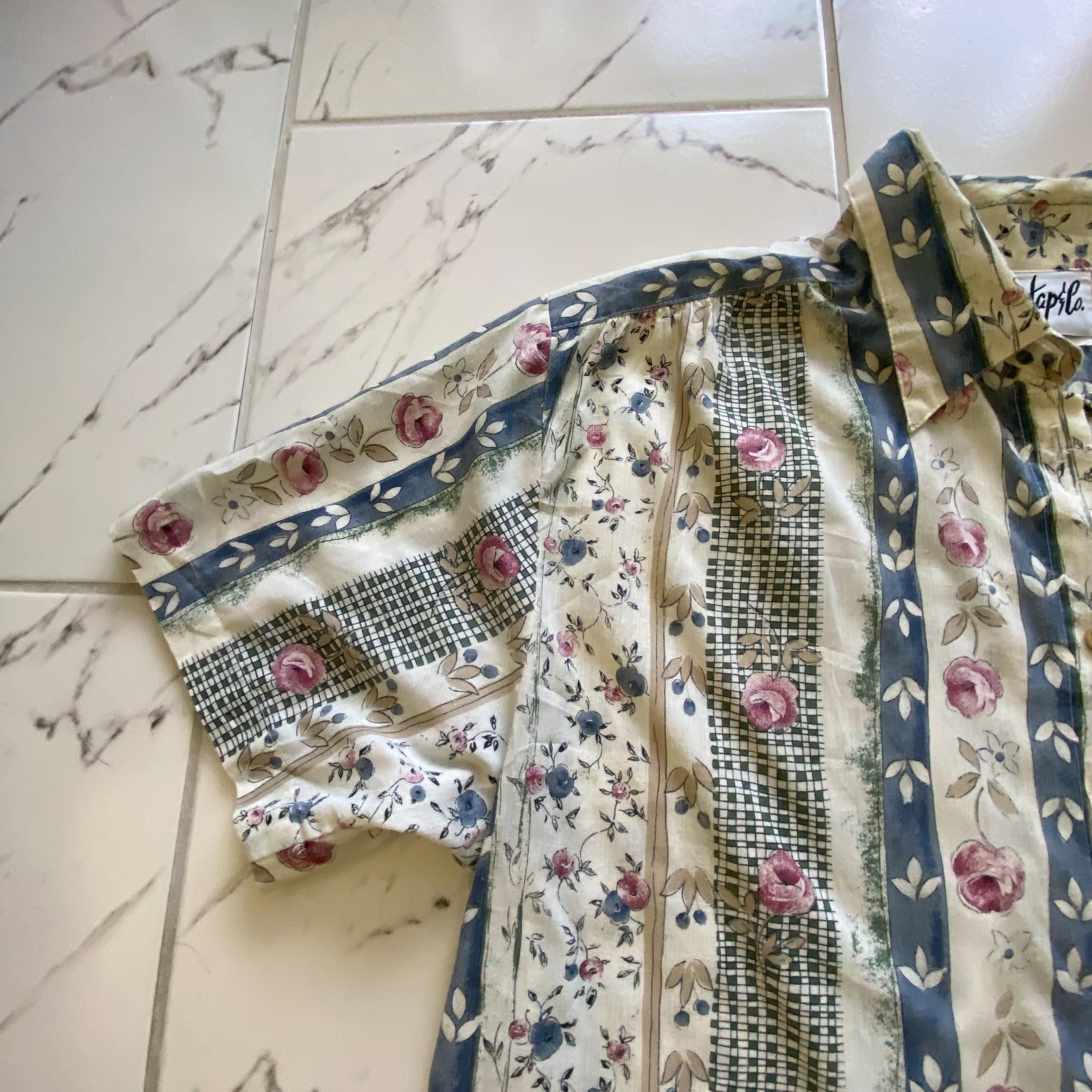 Tapsilo Vintage Womens Button Front Floral Patchwork Blouse Short Sleeve Large