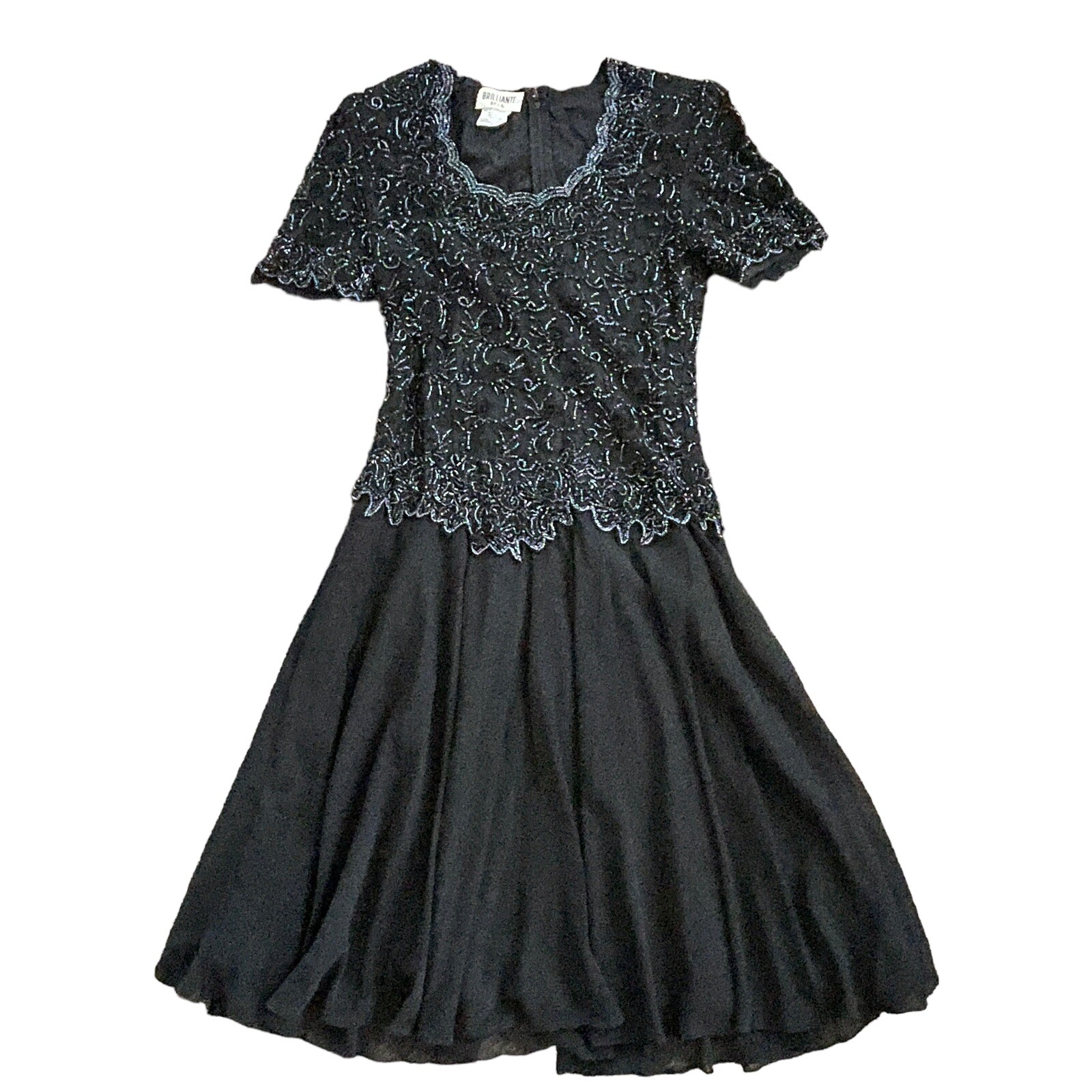 Vtg 80s Mother Of The Bride Dress M Black Beaded Top Sheer Chiffon Flowy Skirt