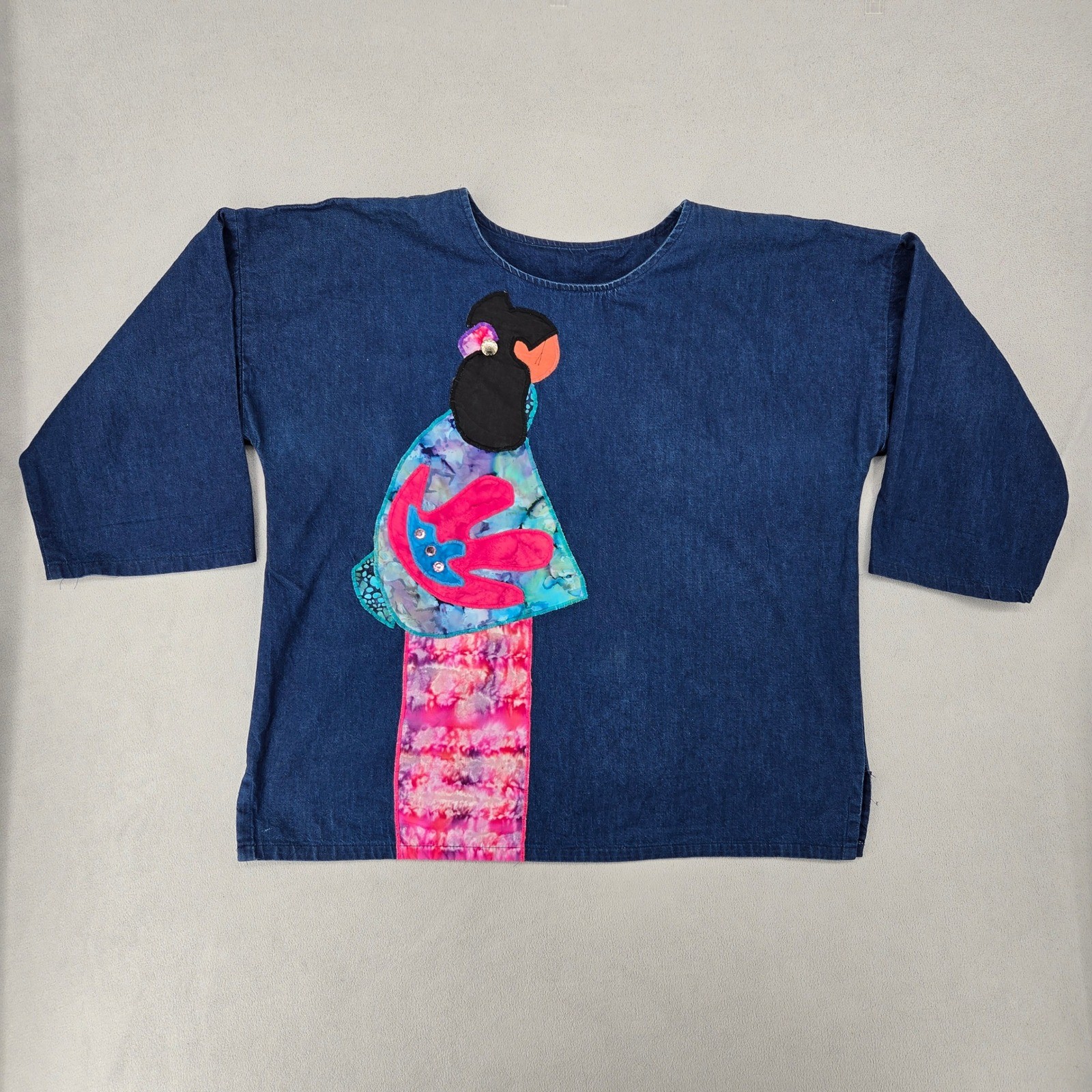 Vintage Womens Denim Pullover Top Wearable Art Batik Tie Dye Applique Boxy Fit