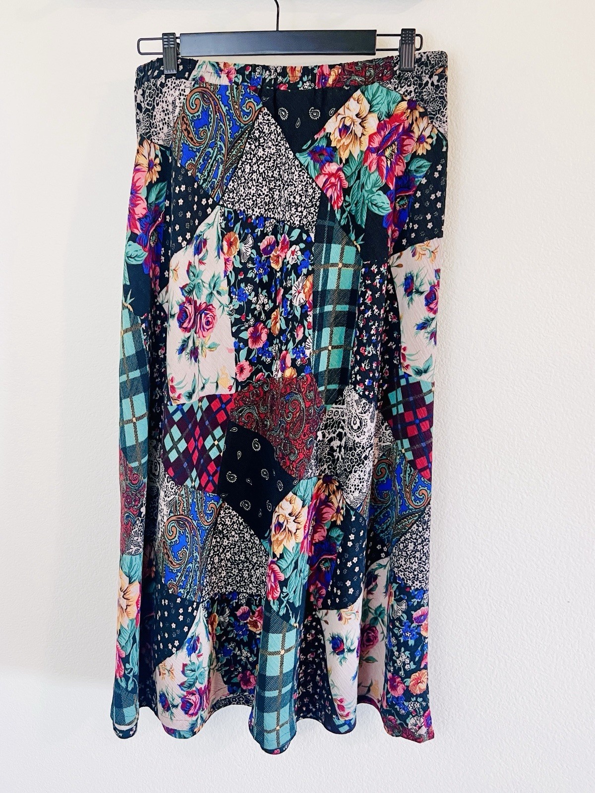 Vintage 90s Lori Lundon Patchwork Floral Maxi Skirt Boho Rayon Prairie Skirt