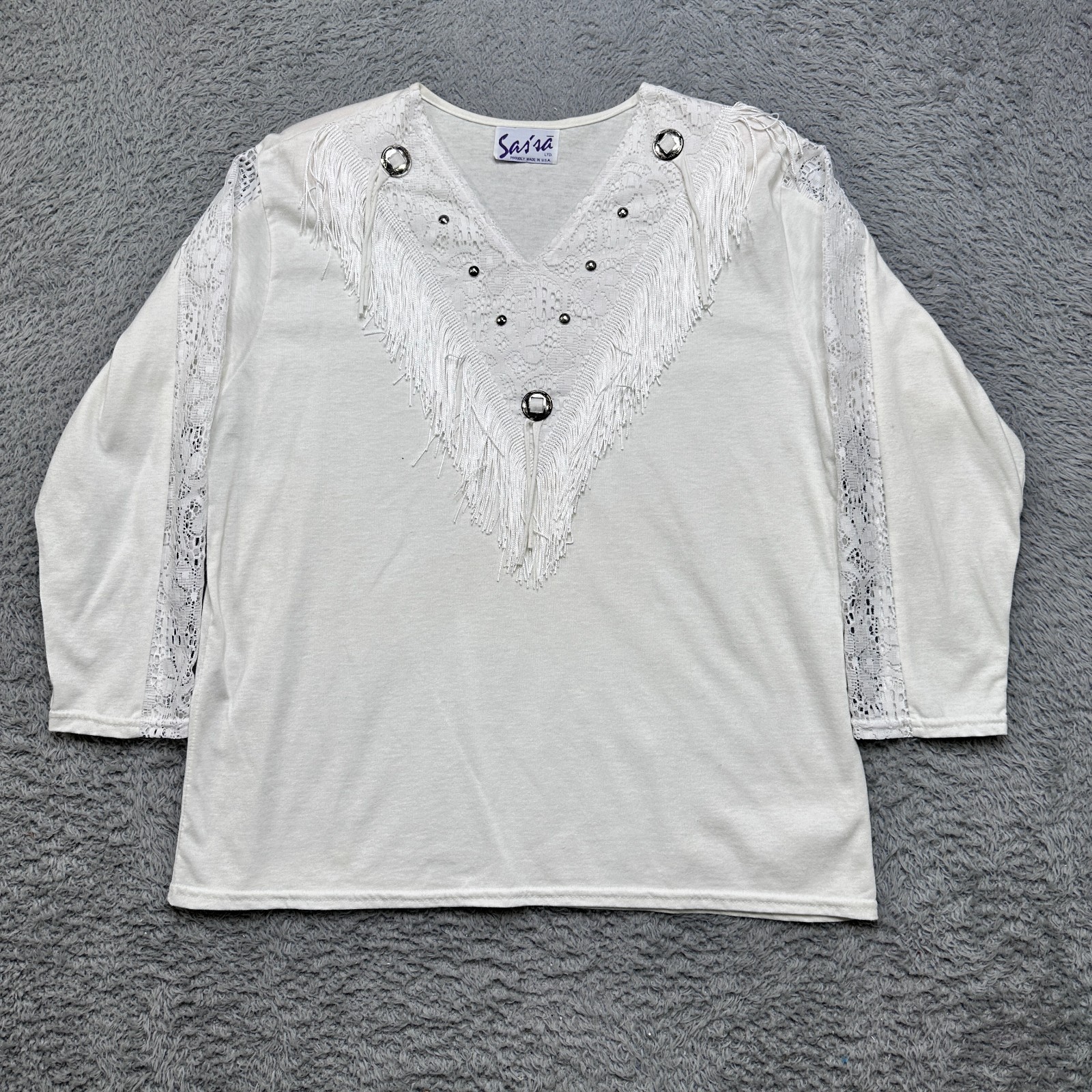 Vintage 90s Western Fringe Shirt Large White Lace Cowgirl Rodeo USA Made Beads
