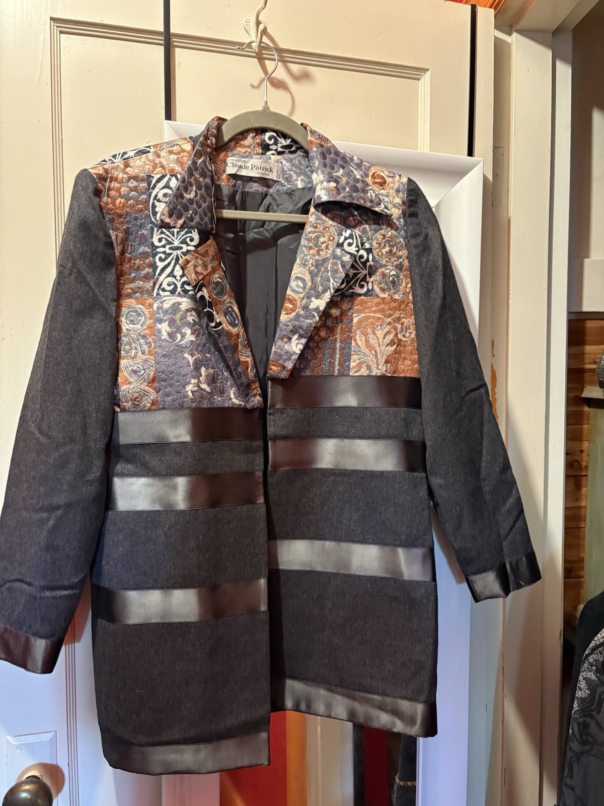 Vintage Claude Patrick Paris Gray Oversize Patchwork Tapestry Long Jacket Art