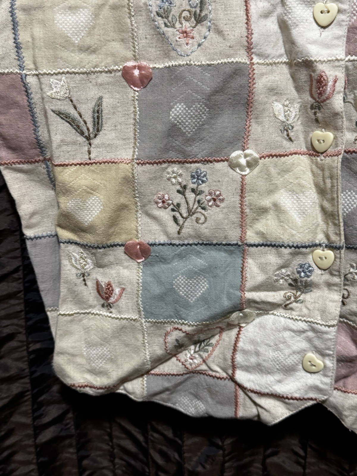 Tan Trums Hearts & Flowers Vest Cottagecore Lace Heart Buttons Cute Vtg 1990s