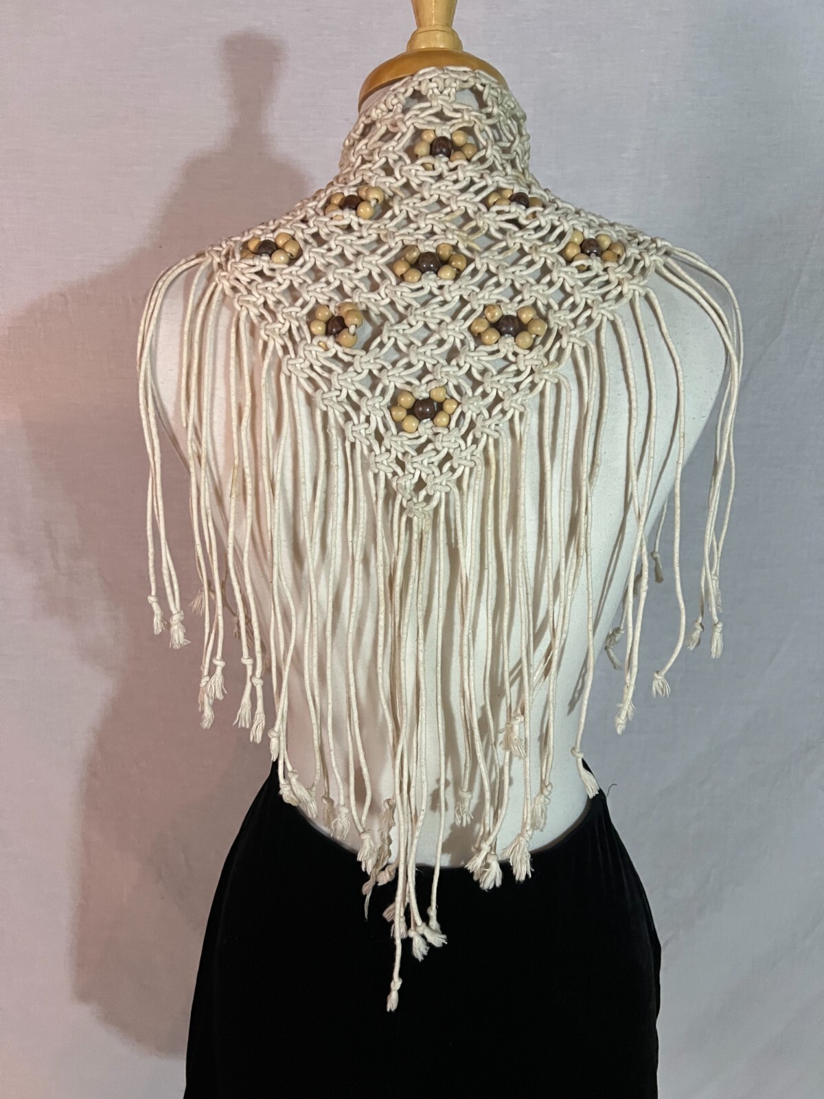 VTG 70s Handmade Macrame Cream Fringed Waist Wrap Belt Tie Top Shawl Wood Beads