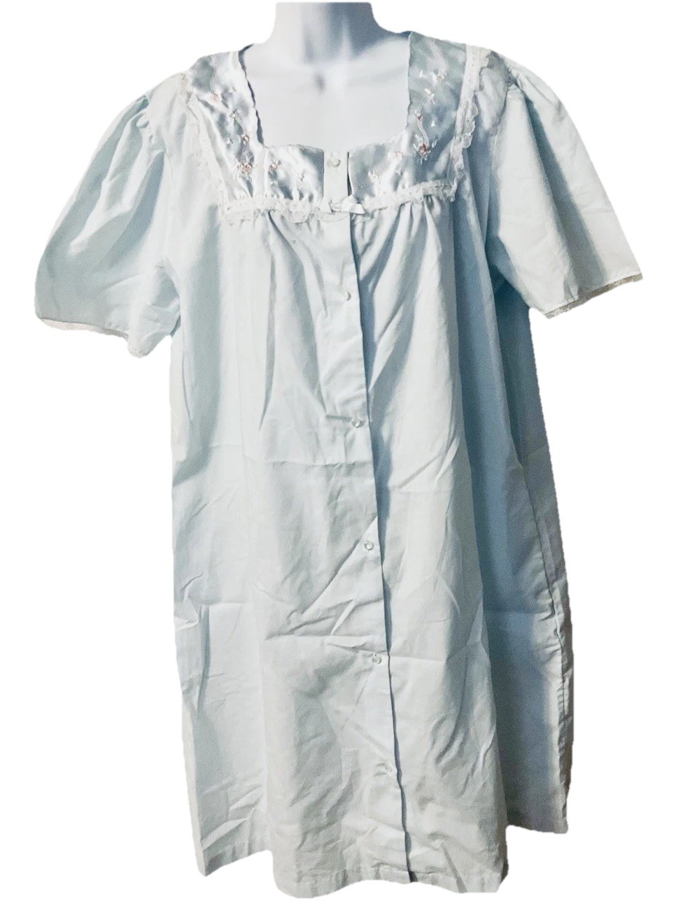 Vintage BARBIZON L Blue Lace Embroidered Satin Bow Pearl Button Pockets Robe