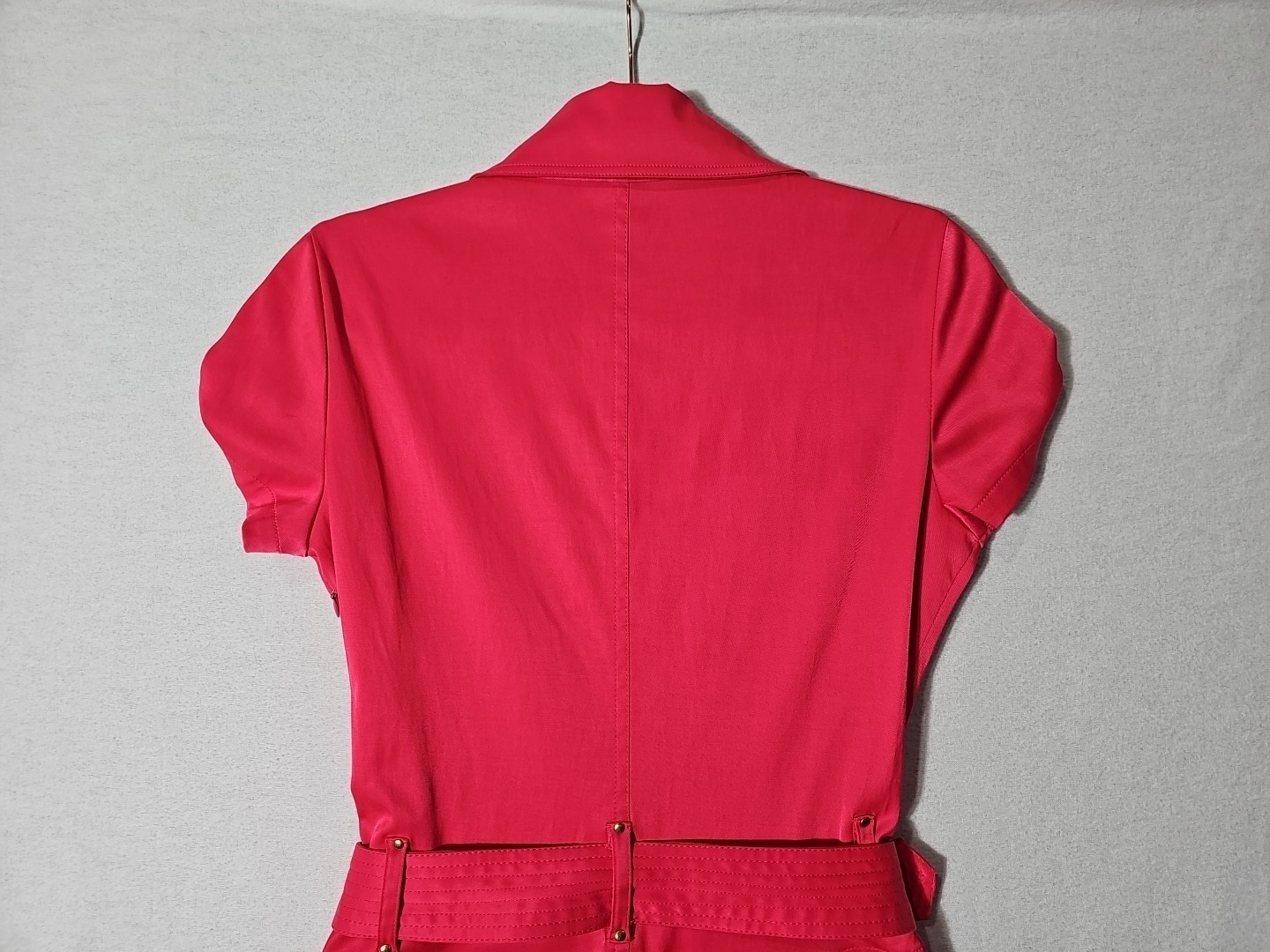 Vtg 90s/Y2K CACHE Dress 8 Pink Belted V Neck Short Sleeve Faux Wrap Gold Button