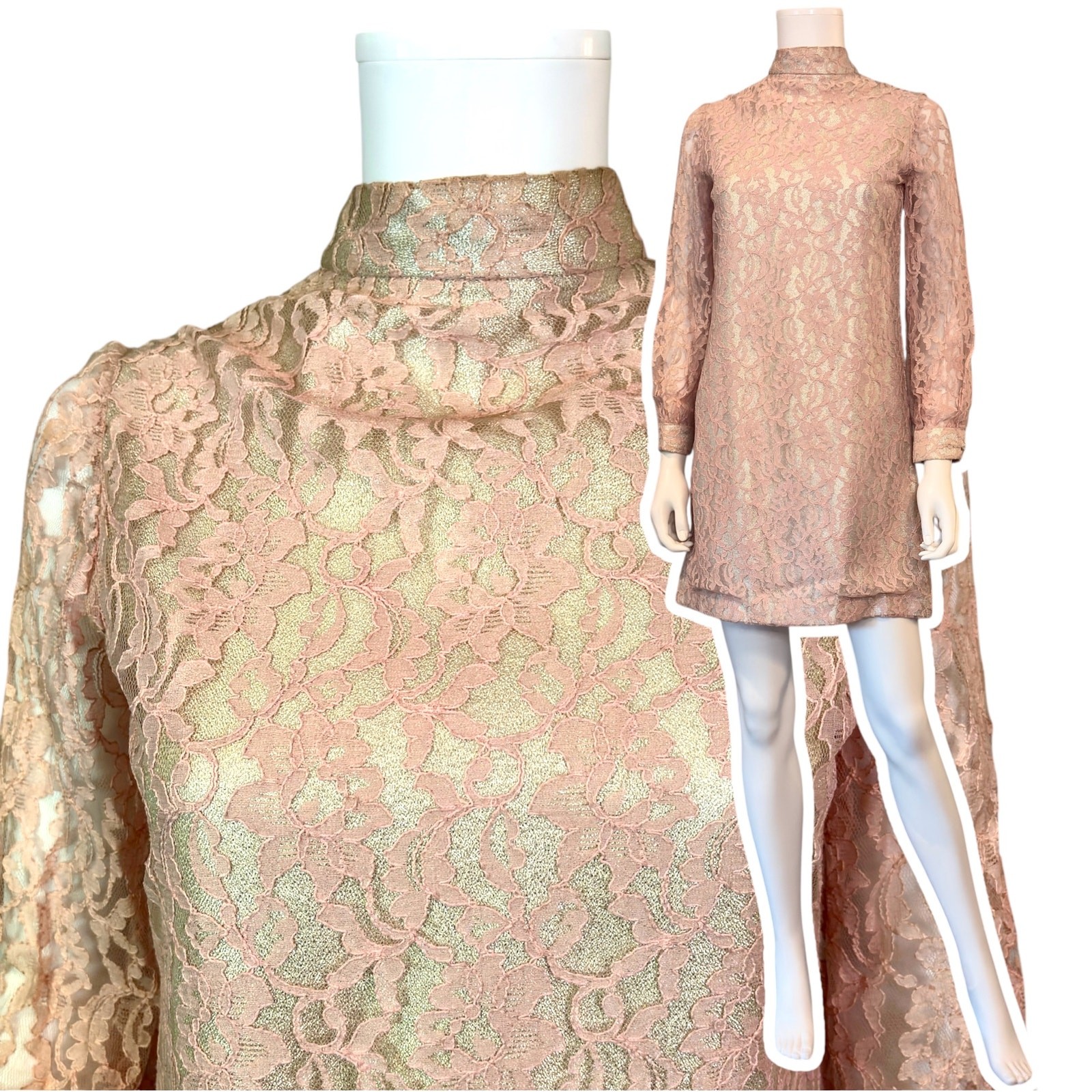 Vtg 60s Pink Metallic Lace Mini Dress S/M High Neck Mod Party Go-Go Sheer Sleeve
