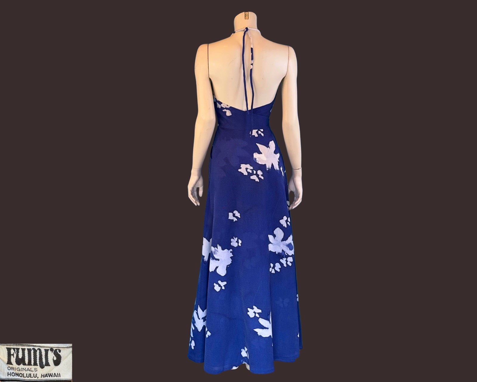 Vintage 1970s FUMI’S Hawaii Blue Floral Halter Maxi Dress | XS S M