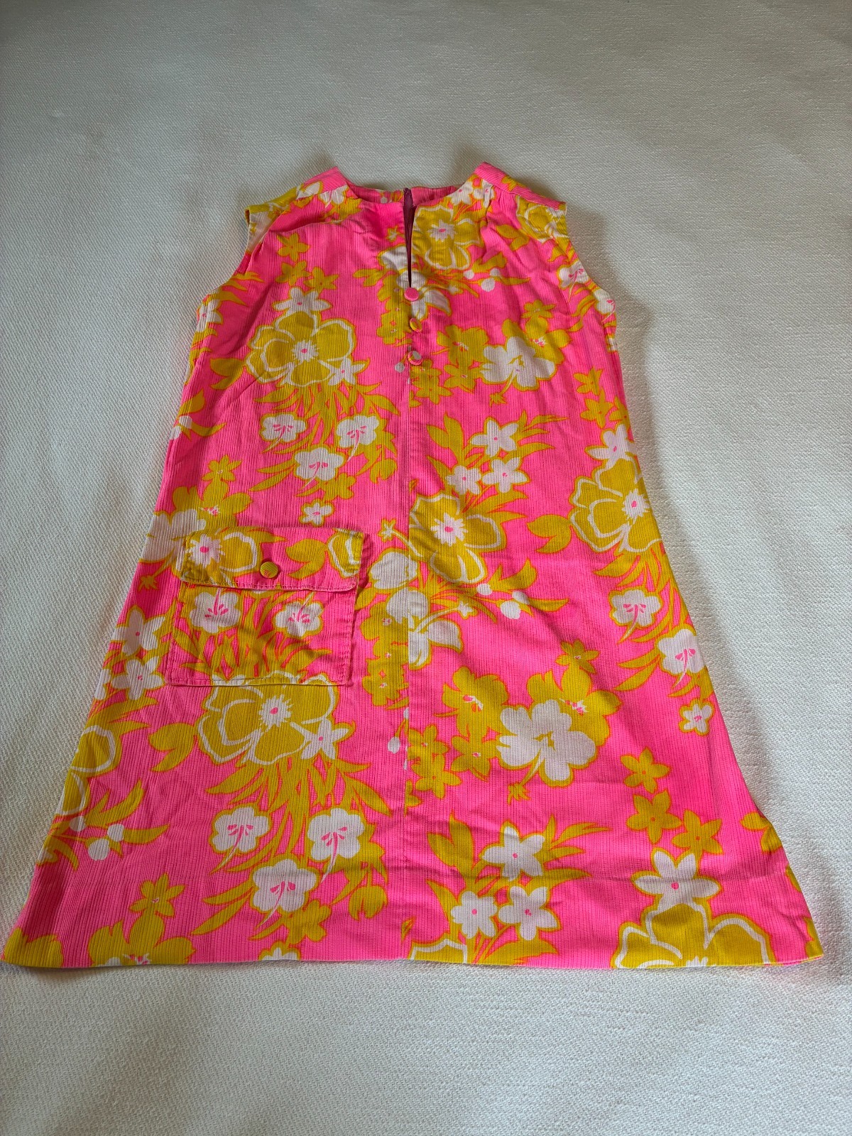 Vintag 60s 70s Bright Pink Psychedelic Hawaiian Flower Mini Dress M