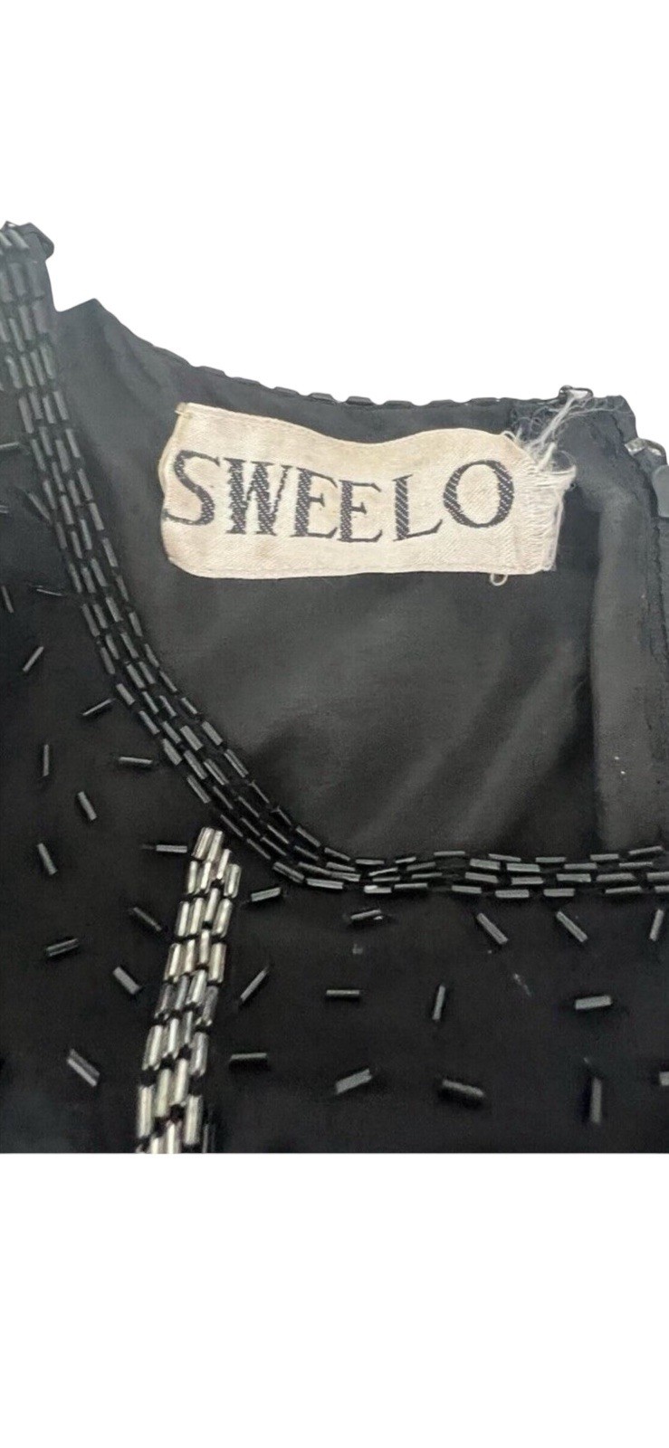 Vintage Sweelo Beaded Black Silver Dress L 12/14 Short Sleeve Lined Midi Elegant