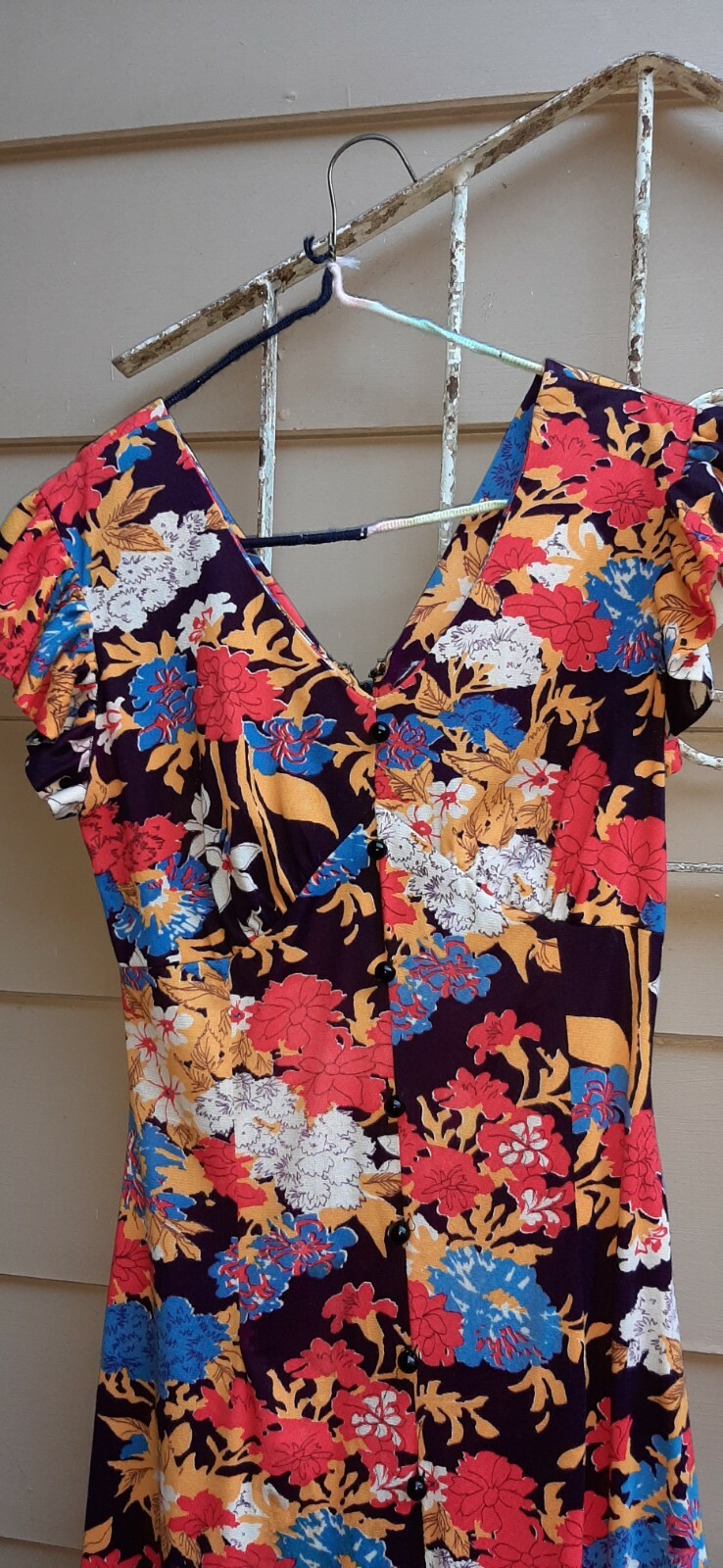 Vintage 70s Womens Dress Maxi Vibrant Florals On Black By Liberty Square S/ M