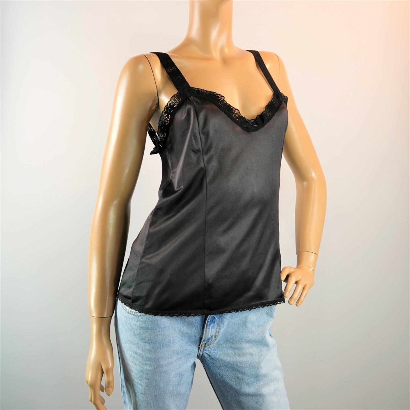 Vintage Newton Camisole Half Slip Top Sz M Black Satin Nylon Lace Trim USA Made